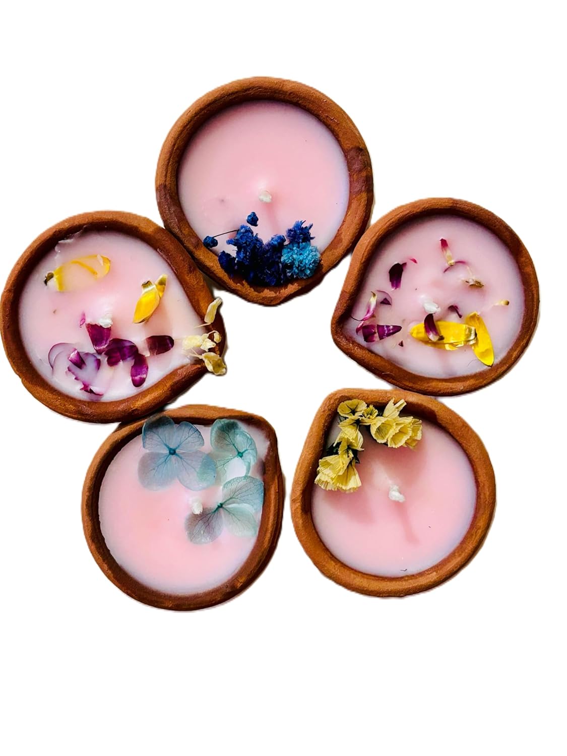 Handmade Scented Diya Candles with Dried Flowers, White Oudh & British Rose Fragrance, Set of 5, Pink Wax in Clay Diyas