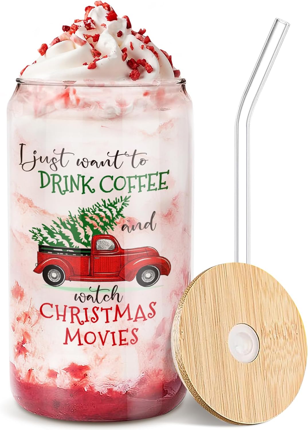 Christmas Glass Cups with Lids and Straws, Christmas Gifts for Women, 16oz Christmas Iced Coffee Glass, Xmas Tumbler Beer Can Glass, Christmas Decorations, Christmas Gift Ideas for Mom Sister Friend