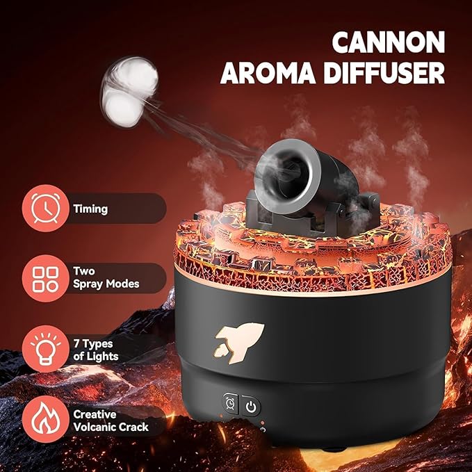 Fulminare Cannon Blast Aroma Humidifier, 7 Colors LED Vapor Cannon Humidifier Silent Diffuser, 2 Mode Creative Turret Air Aromatherapy Small Home Desktop Diffuser for Bedroom