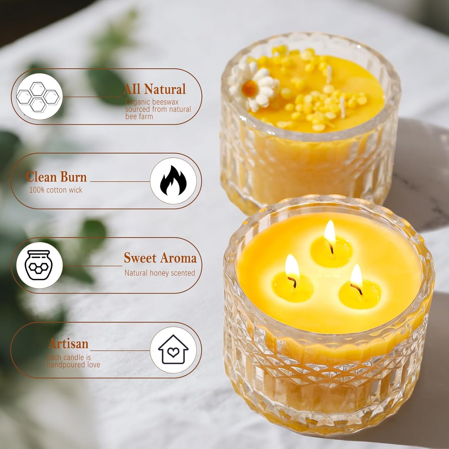 Jar Candles for Home Scented, 3 Wick Honey Scented Candle, 7.05oz Natural Beeswax Candles in Glass, 100% Organic Wax Jar Candle for Gift, Home Decor, Living Room, Bedroom, Over 25H Burn Time