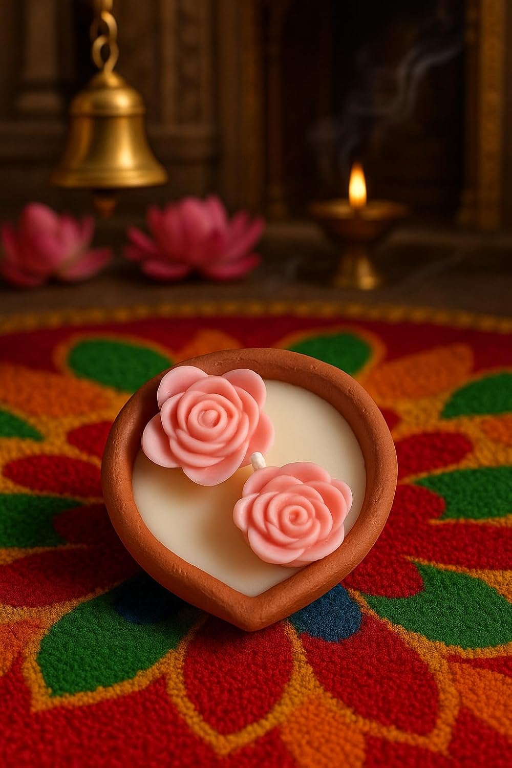 Flower Design Wax Diya Candles Set of 4 | Vanilla Fragrance | Handmade Terracotta Mitti Deepak | Reusable Decorative Diyas | Diwali Puja Home Decor | Smokeless No Residue | 2 Hour Burn Time