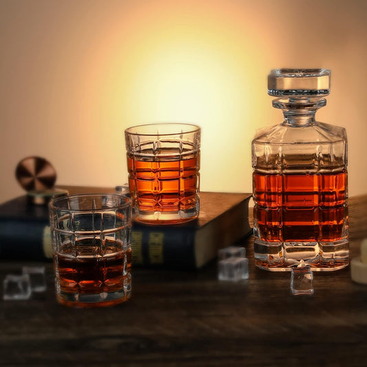 Whiskey Decanter Set With Glasses, Whiskey Glasses Set of 4 with Wooden Base,Crystal Wine Decanter for Men 750ML