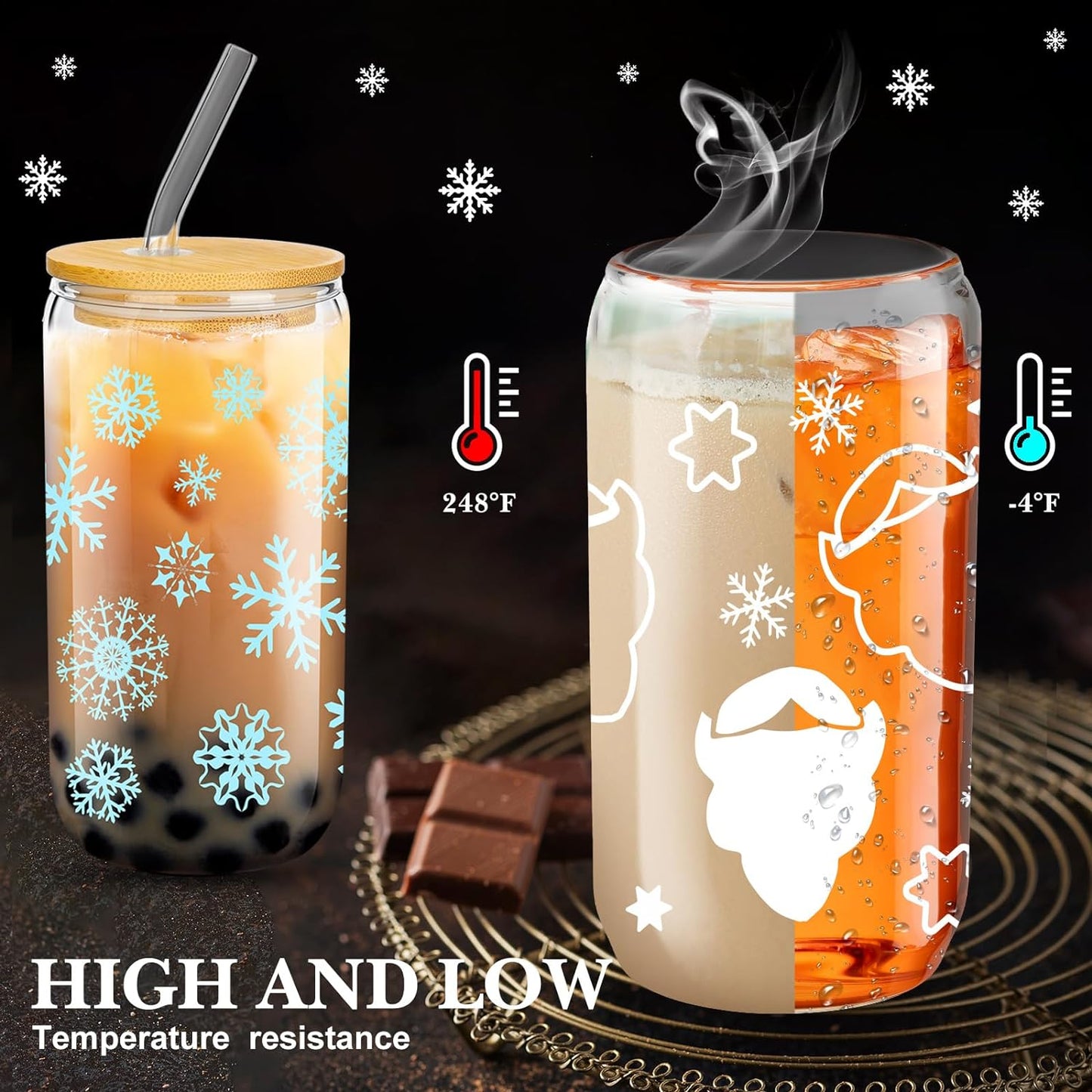 Christmas Glass Cups, 16 oz Christmas Mason Jars with Lids and Straws Christmas Tumbler Drinking Glasses Beer Can Shaped Coffee Cups Xmas Pattern for Wine Tea Water (Cute Style)