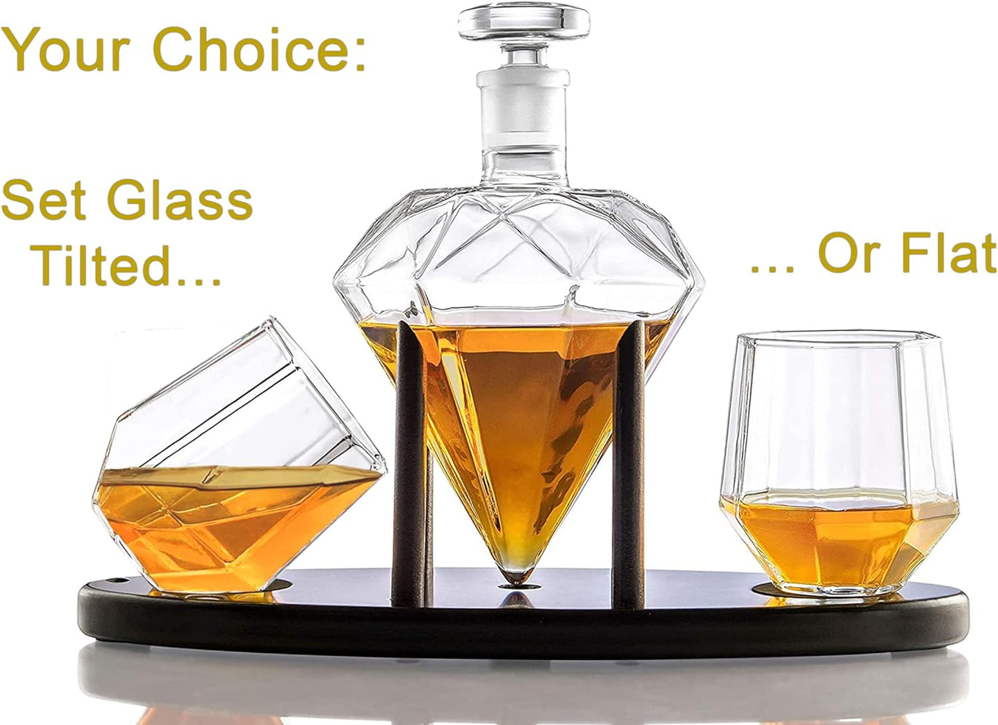 Whiskey Decanter Diamond shaped With 2 Diamond Glasses & Mahogany Wooden Holder – Elegant Handcrafted Crafted Glass Decanter For Liquor, Scotch, Rum, Bourbon, Vodka, Tequila – Great Gift Idea – 750ml