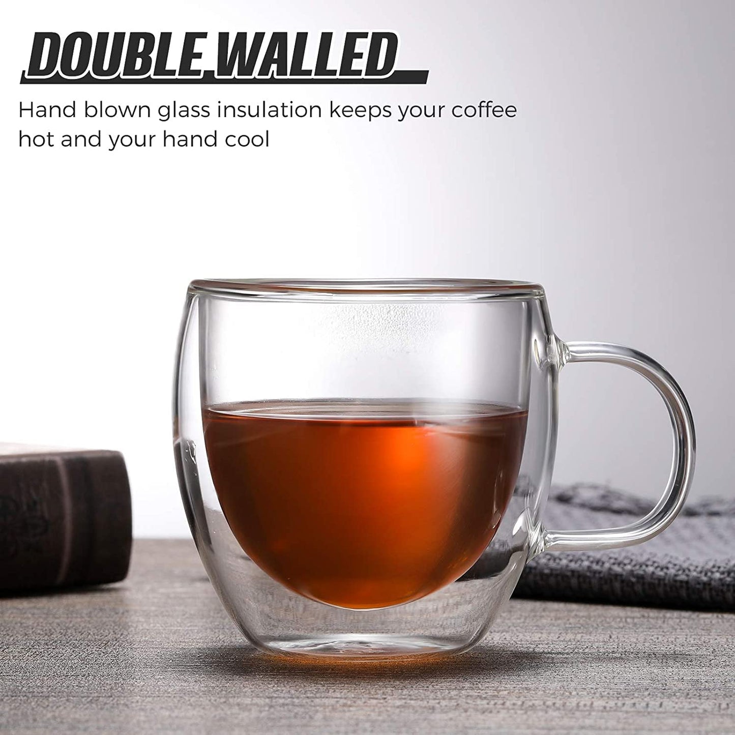 Glass Coffee Mugs Set of 2-250 ml, Double Walled Insulate Borosilicate Glass Mugs & Cups for Tea, Coffee, Milk, cappuchino, Juice - Microwave Safe