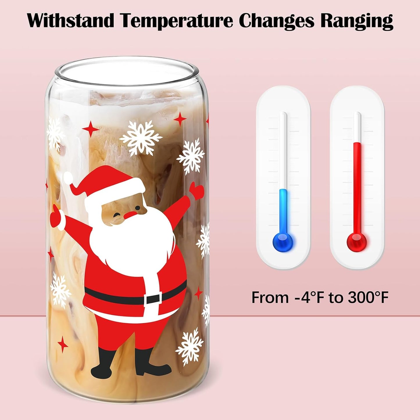 Christmas Mason Jar Cups 16oz Christmas Cups Xmas Glass Tumbler with Glass Straw and Bamboo Lid Christmas Cookie Jars Coffee Cups Beer Glasses Christmas Decoration Gift for Women Men