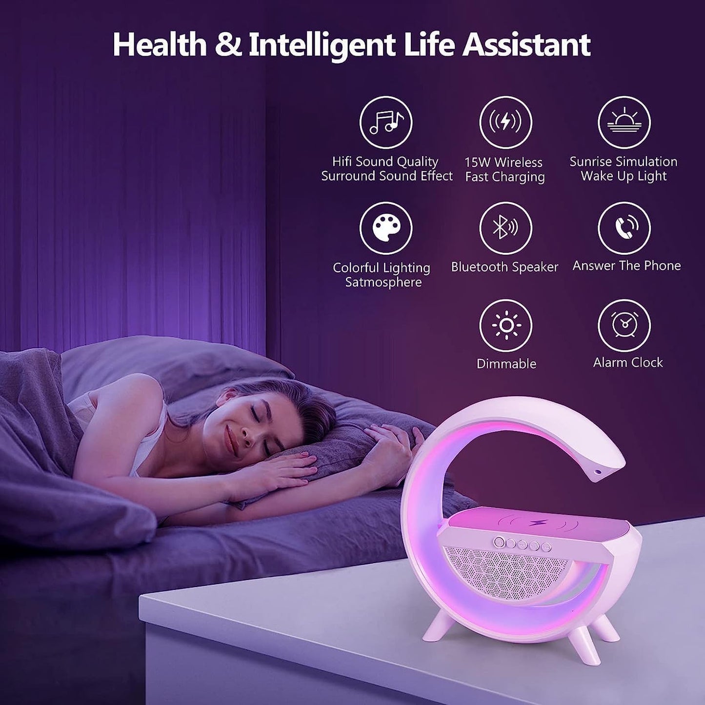 G Lamp Wireless Mobile Charger Atmosphere Light Lamp, 4-in-1 Charger with BT, Speaker, Alarm Clock, and App Control Lights for Bedroom, Ambient Light (Original, White, 2023)