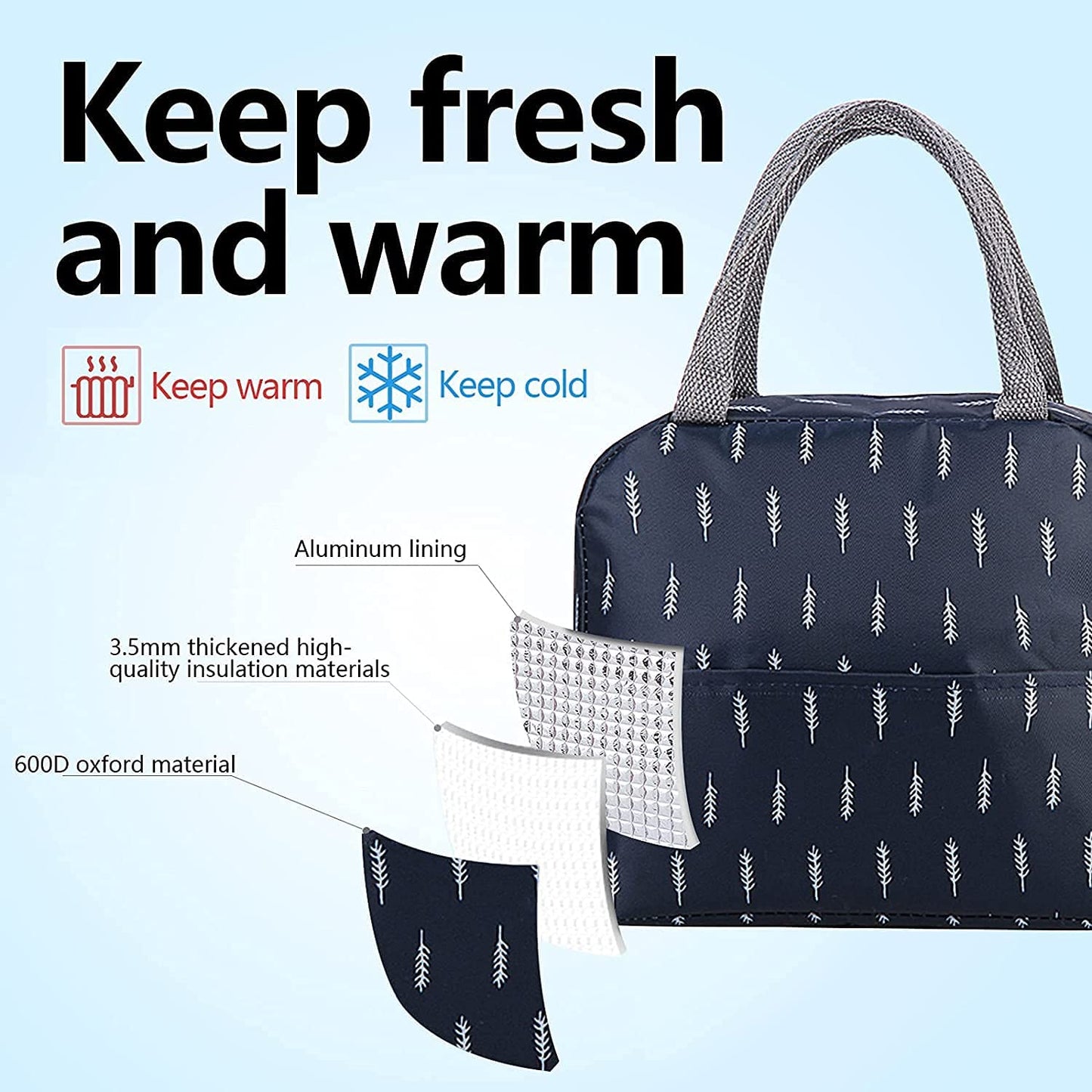 Insulated Lunch Bags Small for Women Work, Student, Kids to School, Thermal Cooler Tote Bag, Picnic Organizer Storage Lunch Box Portable and Reusable (Navy Leaf)