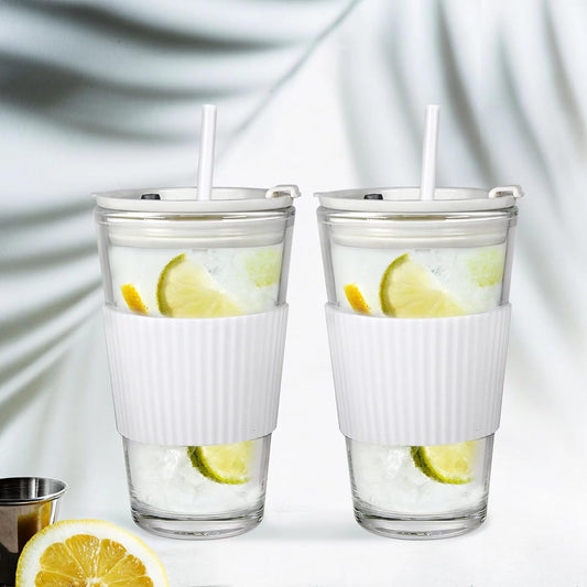 Glass Tumbler Cups with Lids and Straws, 2 Pack of 750ml, White, Drinking Glasses with Lids & Straw, Beer Glasses, Iced Coffee Glass, Wide Mouth Smoothie Cups, Glass Water Bottles.