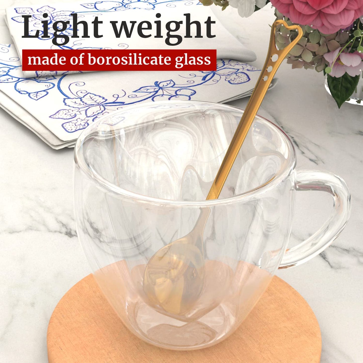 Heart Shaped Double Walled Insulated Glass Coffee Mugs or Tea Cups, Double Wall Glass 180ml - Clear, Unique & Insulated with Handle