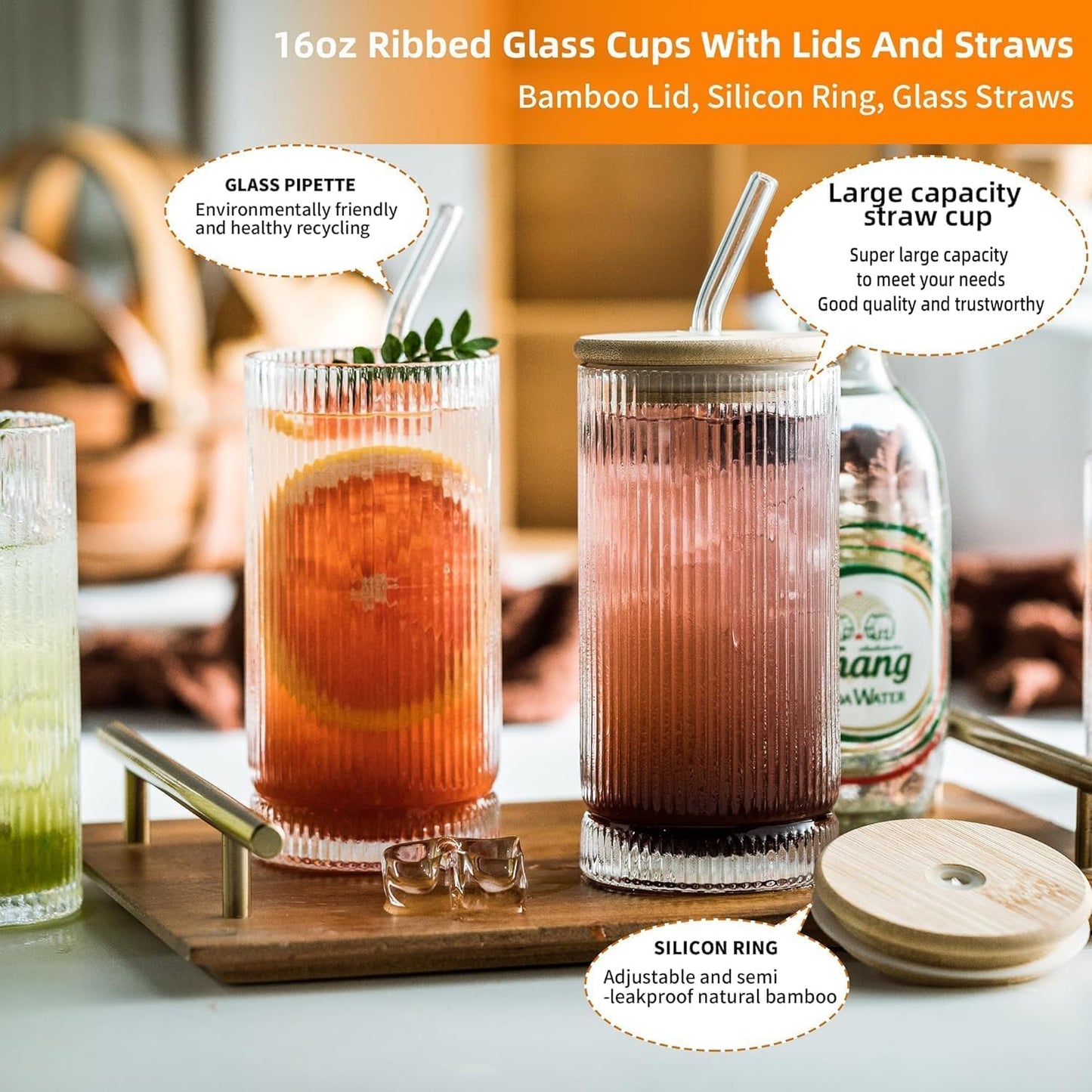 350ML Reusable Glass Mason Bamboo Jars with Lids for Fruit Juice Milk Beer Soda with Reusable Travel Tumbler Sipper Mug with Airtight Lid - Green Tea and Coffee Cup Glass with Straw