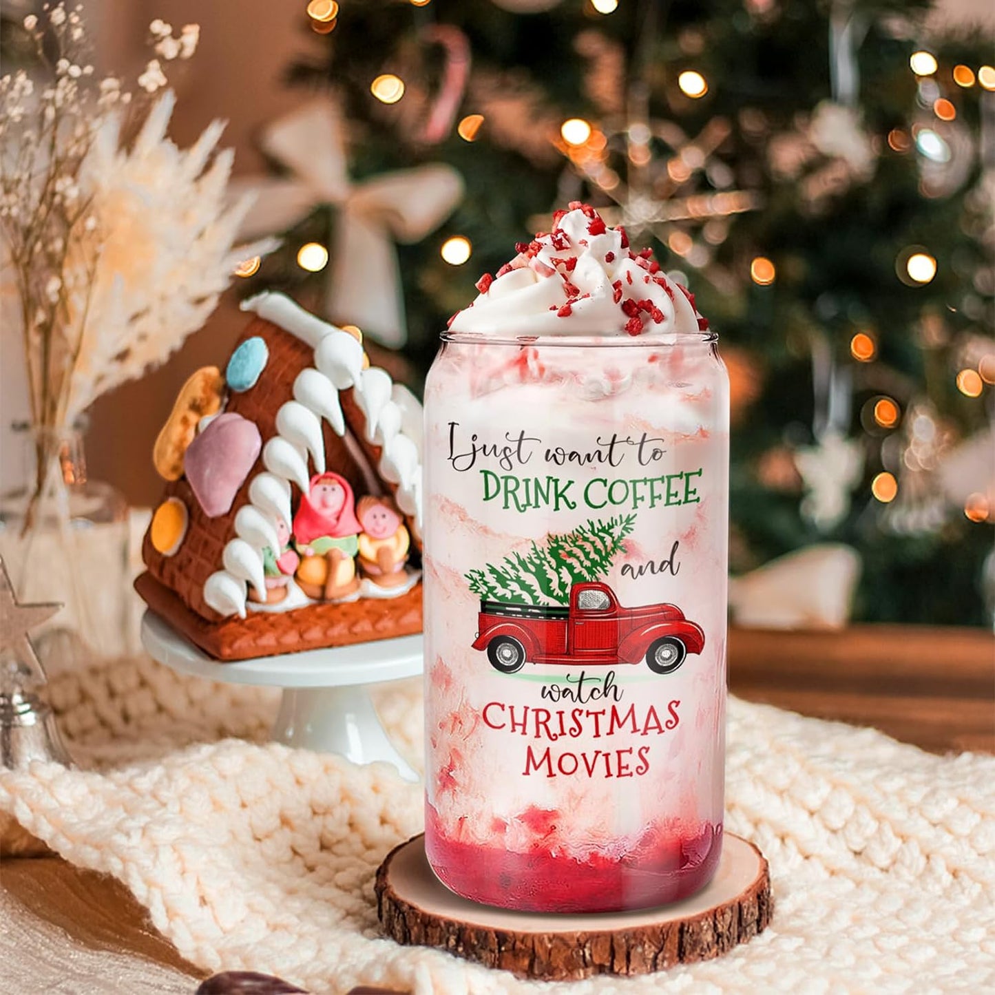 Christmas Glass Cups with Lids and Straws, Christmas Gifts for Women, 16oz Christmas Iced Coffee Glass, Xmas Tumbler Beer Can Glass, Christmas Decorations, Christmas Gift Ideas for Mom Sister Friend