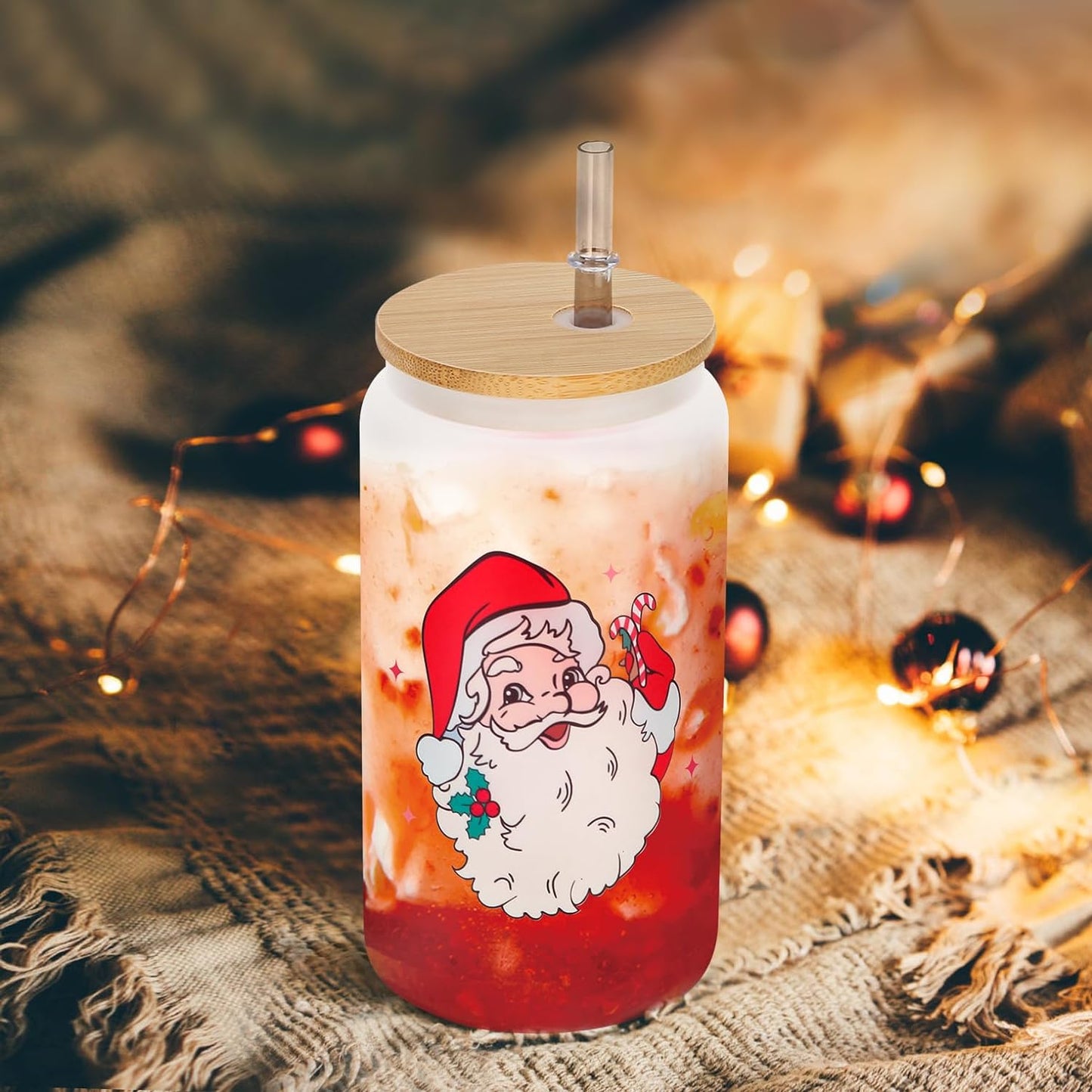 Christmas Drinking Glasses with Lids and Straws 16 oz Xmas Glass Cups Mugs Tumbler Glass Can Shaped Ice Coffee Cups Mason Jars for Women Kid Men Christmas Gifts (Santa Claus)