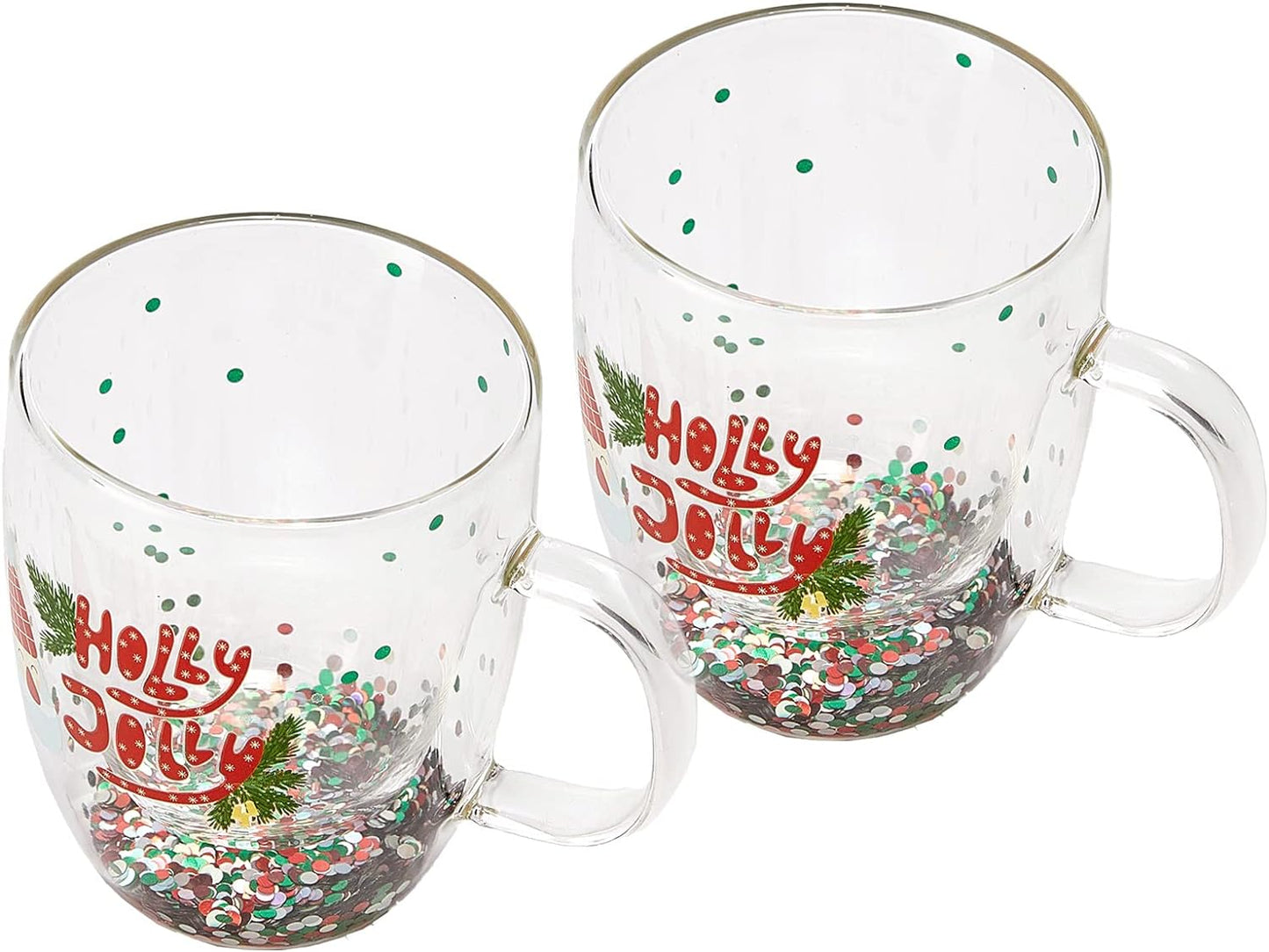 Christmas Glass Coffee Mug Set of 2 Mugs - Holly Jolly Tree Double Wall Insulated Cups Holidays 10oz Glassware Handle Gifts, Confetti Snowflake Glassware Tea, Milk, Beverage, Juice, Water Holiday Gift