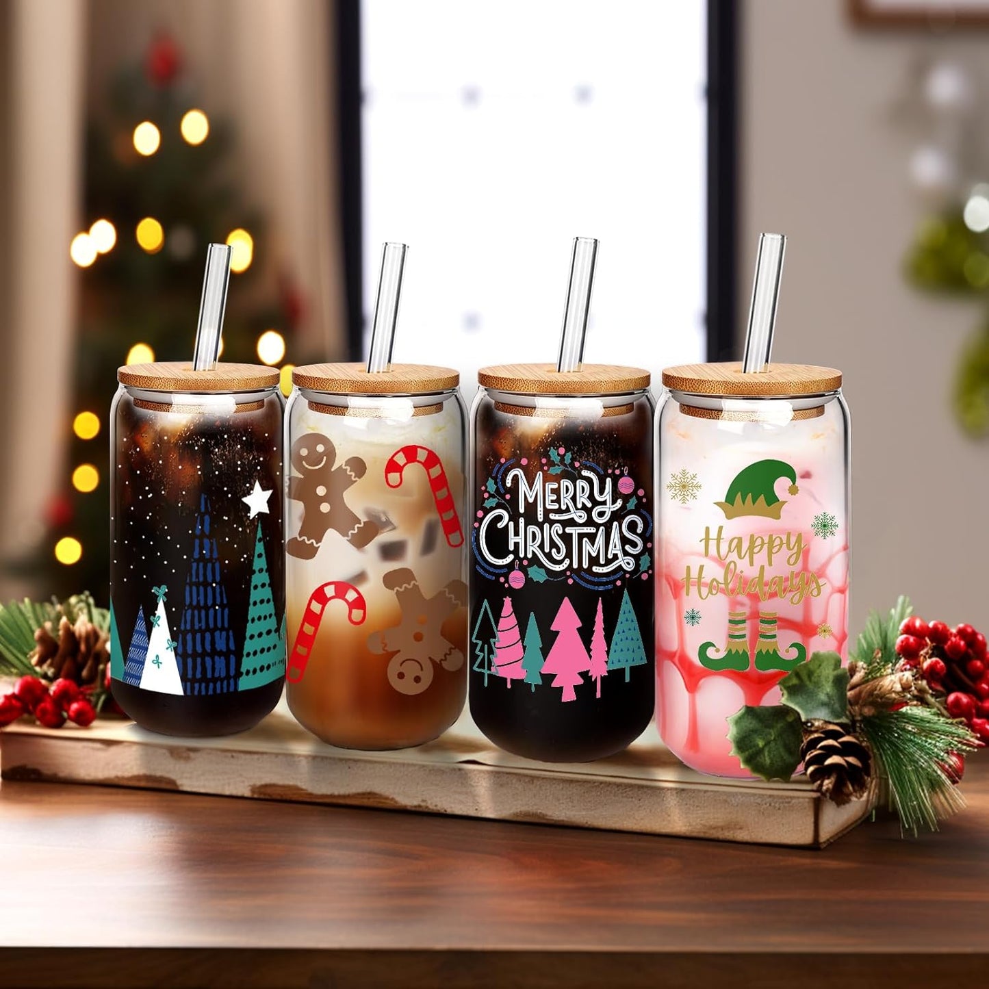 Christmas Cups, Christmas Coffee Cups With Lids, Christmas Mugs, Christmas Party Cups, Womens Gifts for Christmas, Christmas Glass Cups With Lids and Straws, Christmas Glasses Drinkware Gifts, 4Sets