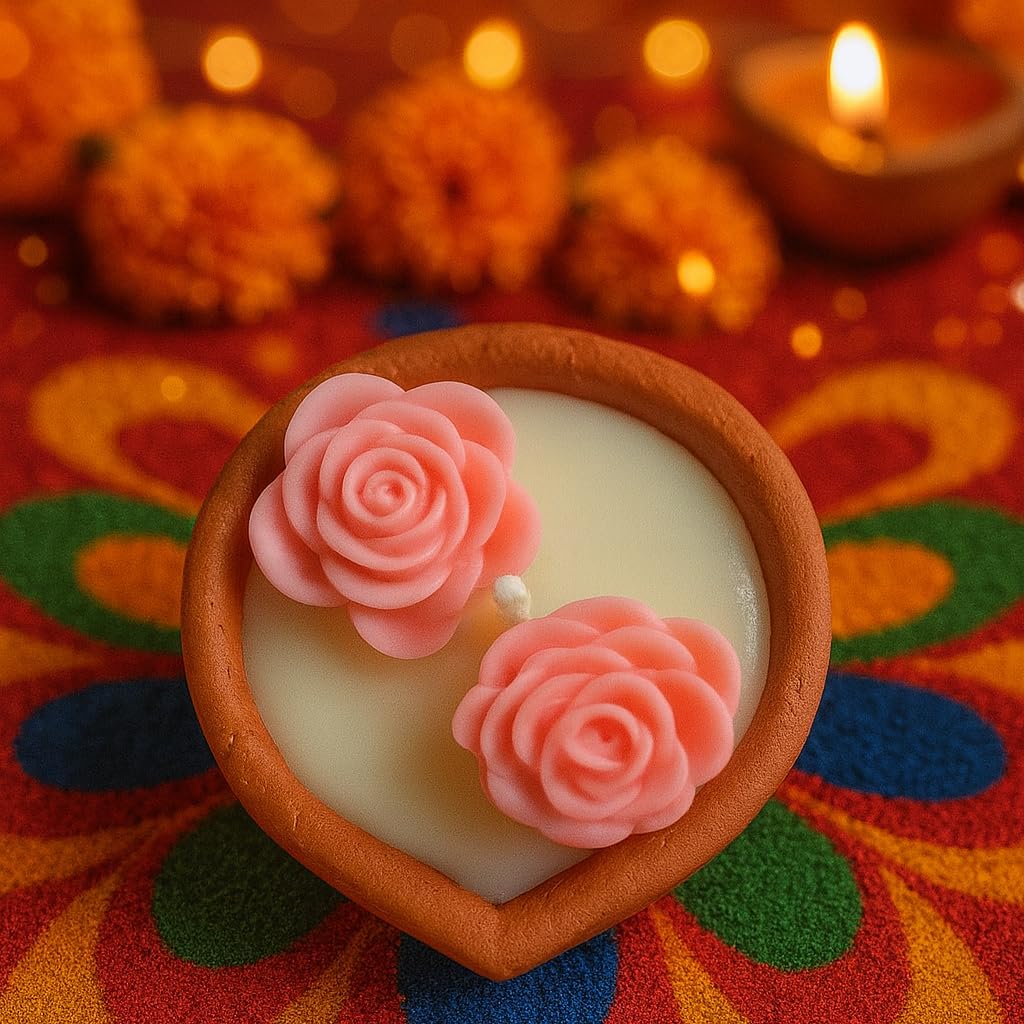 Flower Design Wax Diya Candles Set of 4 | Vanilla Fragrance | Handmade Terracotta Mitti Deepak | Reusable Decorative Diyas | Diwali Puja Home Decor | Smokeless No Residue | 2 Hour Burn Time