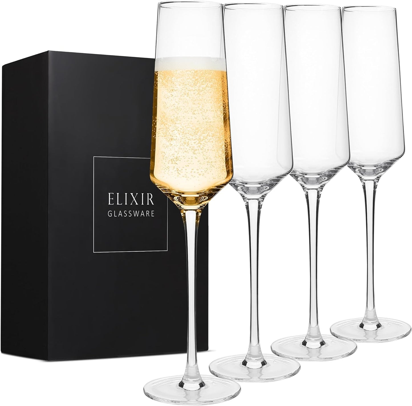 Classy Champagne Flutes - Hand Blown Crystal Champagne Glasses - Set of 4 Elegant Flutes - Gift for Wedding, Anniversary, Christmas - 230ml, Clear