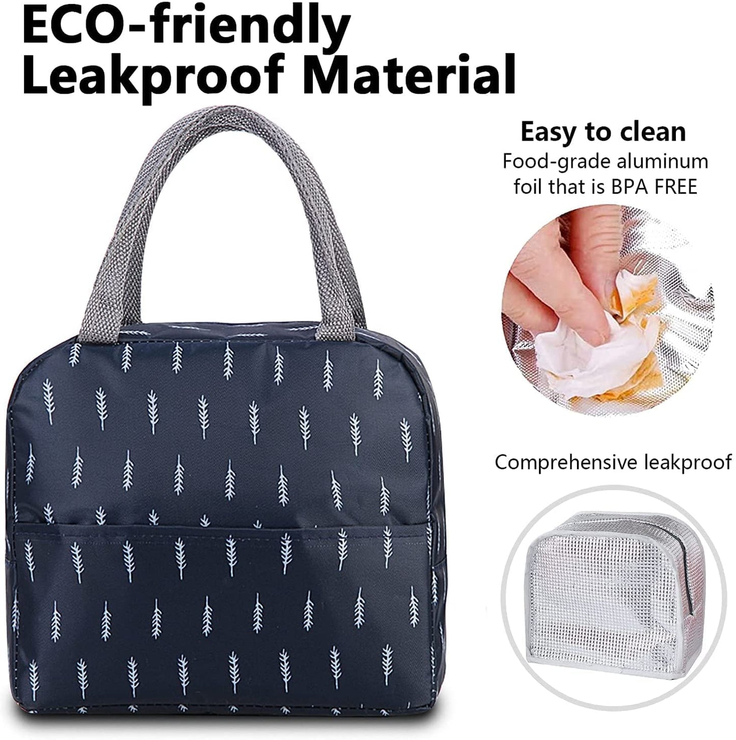 Insulated Lunch Bags Small for Women Work, Student, Kids to School, Thermal Cooler Tote Bag, Picnic Organizer Storage Lunch Box Portable and Reusable (Navy Leaf)