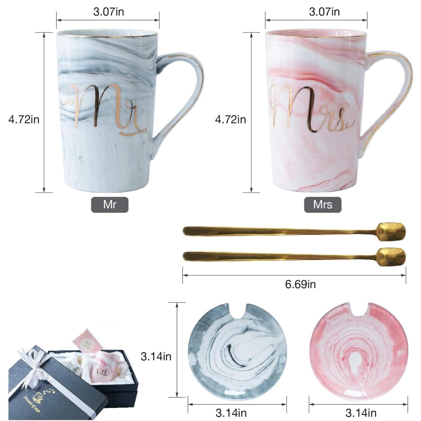 Ceramic Marble Finish Coffee Mug with Lid & Spoon for Anniversary Wedding Engagement Valentine Gifts for Couple Teachers Women Men Husband Wife with Gift Box (Long MR & MRS Mug)