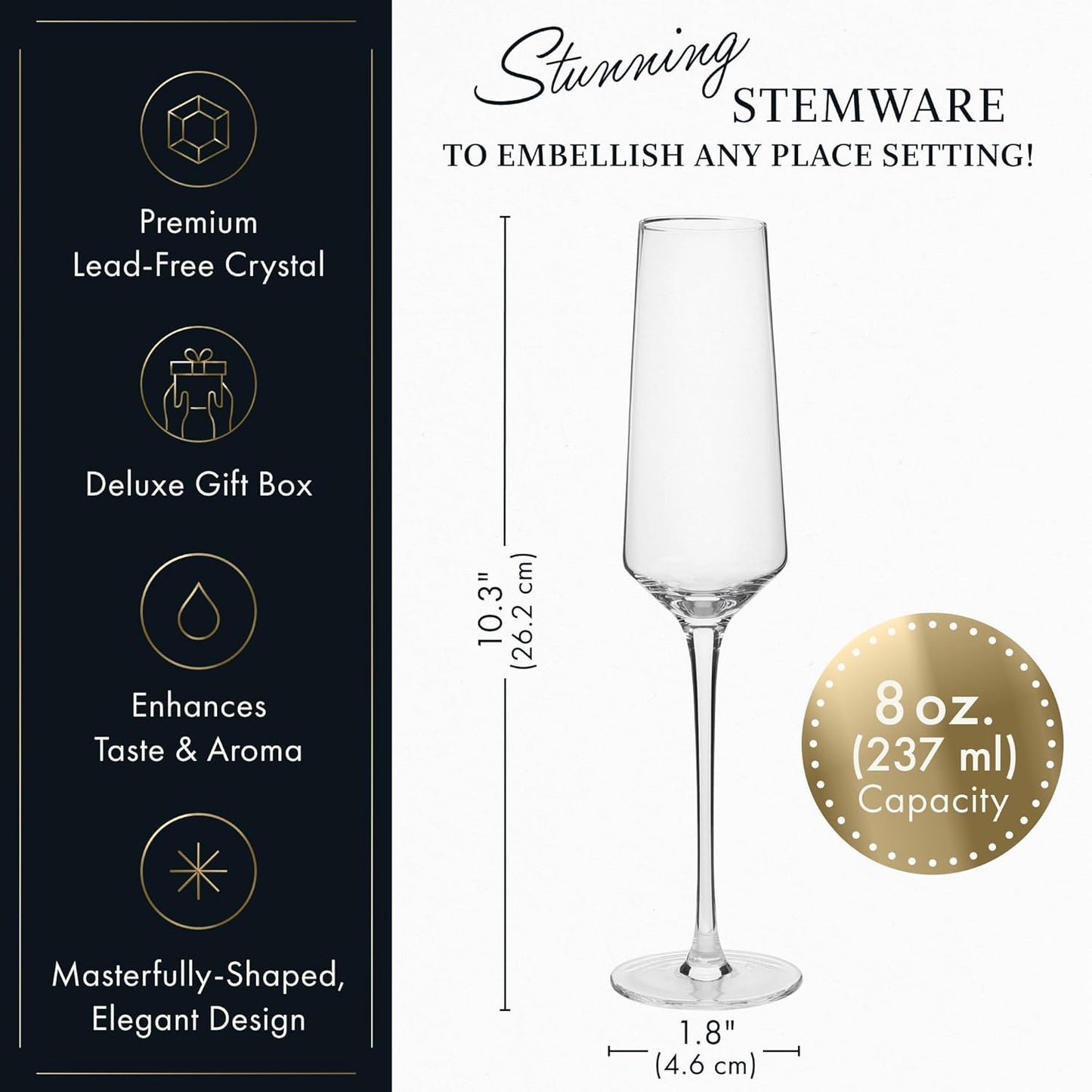 Classy Champagne Flutes - Hand Blown Crystal Champagne Glasses - Set of 4 Elegant Flutes - Gift for Wedding, Anniversary, Christmas - 230ml, Clear