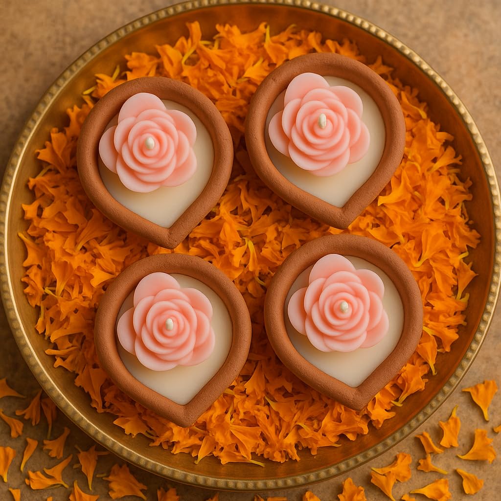 Flower Design Wax Diya Candles Set of 4 | Vanilla Fragrance | Handmade Terracotta Mitti Deepak | Reusable Decorative Diyas | Diwali Puja Home Decor | Smokeless No Residue | 2 Hour Burn Time