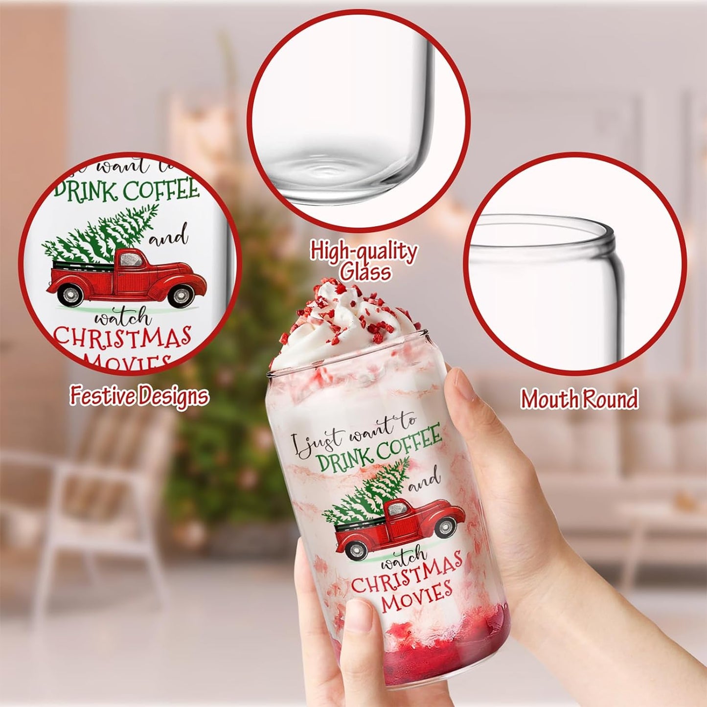 Christmas Glass Cups with Lids and Straws, Christmas Gifts for Women, 16oz Christmas Iced Coffee Glass, Xmas Tumbler Beer Can Glass, Christmas Decorations, Christmas Gift Ideas for Mom Sister Friend