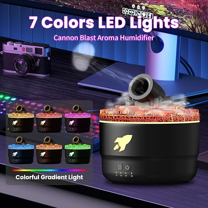 Fulminare Cannon Blast Aroma Humidifier, 7 Colors LED Vapor Cannon Humidifier Silent Diffuser, 2 Mode Creative Turret Air Aromatherapy Small Home Desktop Diffuser for Bedroom