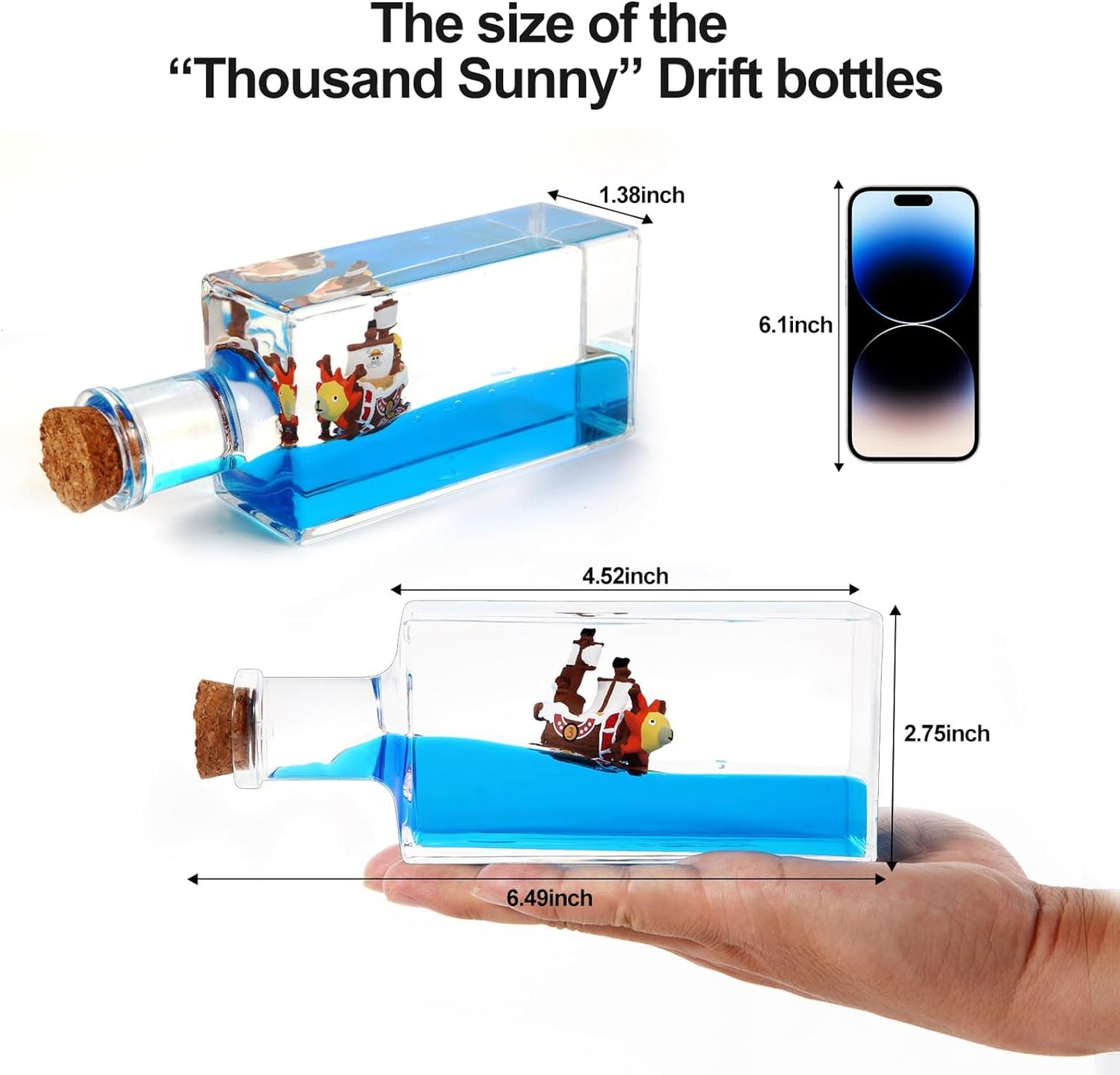 Unsinkable Thousand Sunny Pirate Ship in a Bottle - Thousand Sunny Drift Bottle Liquid Wave Pirate Ship Decor, Unsinkable Boat in a Box is Suitable for Desk Decor Display Cases and Gifts.