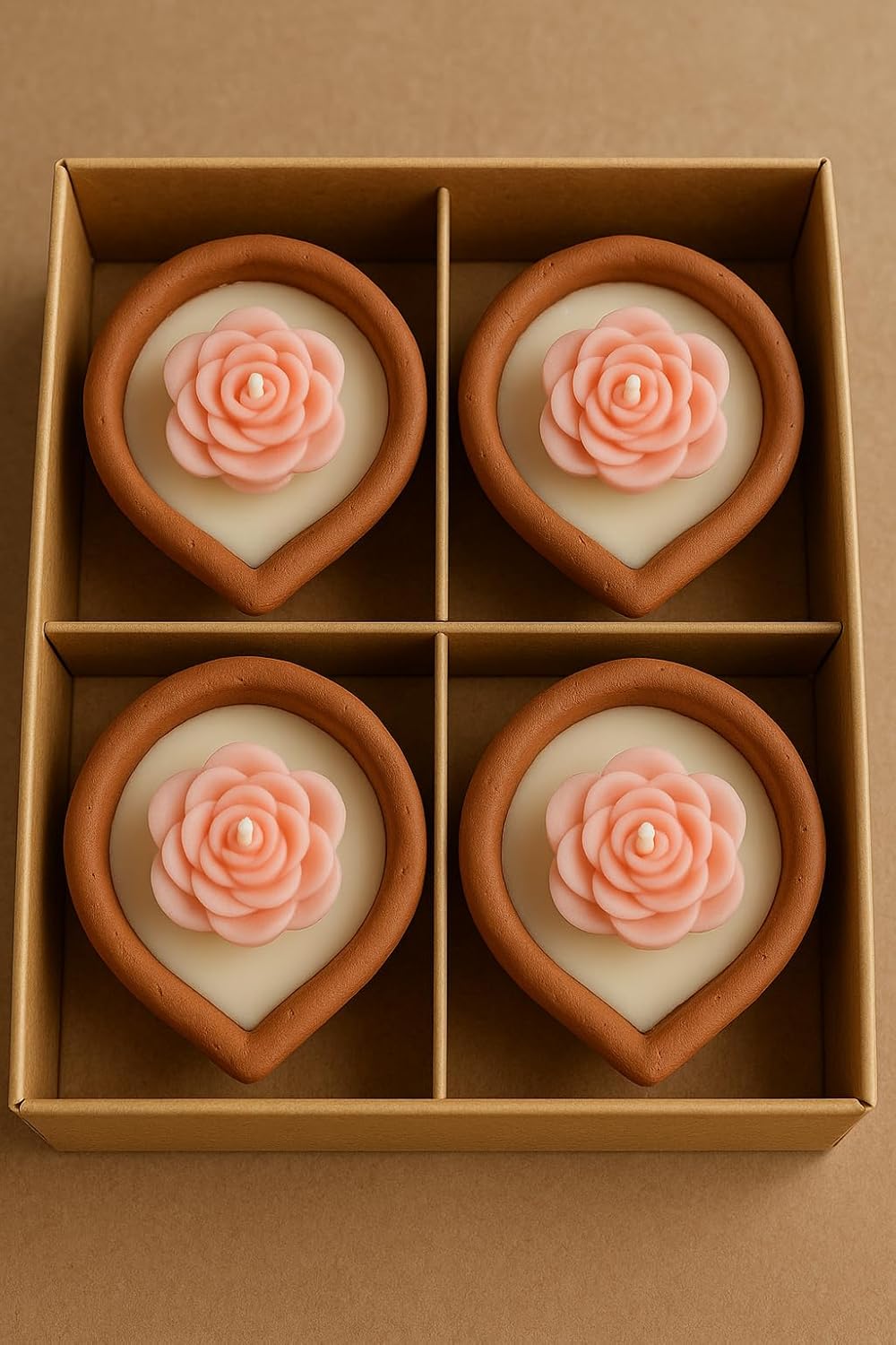 Flower Design Wax Diya Candles Set of 4 | Vanilla Fragrance | Handmade Terracotta Mitti Deepak | Reusable Decorative Diyas | Diwali Puja Home Decor | Smokeless No Residue | 2 Hour Burn Time