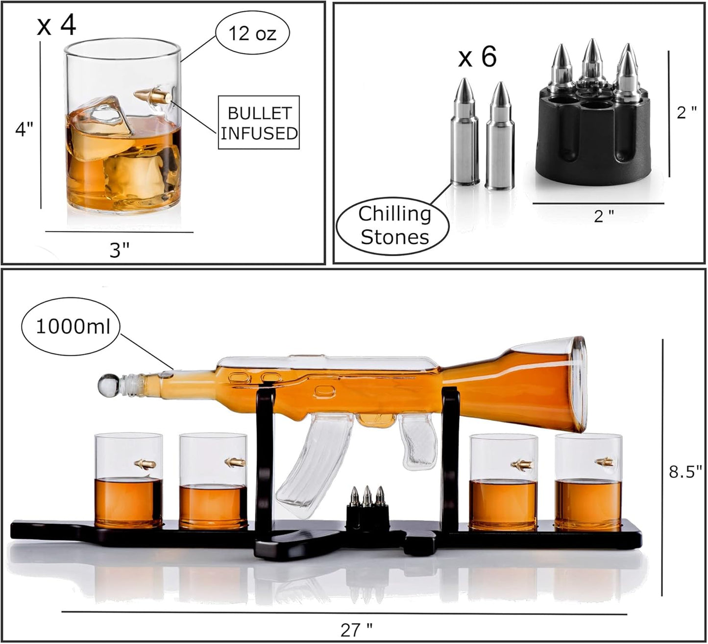 Whiskey Decanter Set + 4 Whisky Glasses on Rich Wood Classic Mahogany Base Tray with Chilling Stones Gift Packaging - Whiskey Dispenser for Liquor Scotch Bourbon - Christmas Holiday Gift