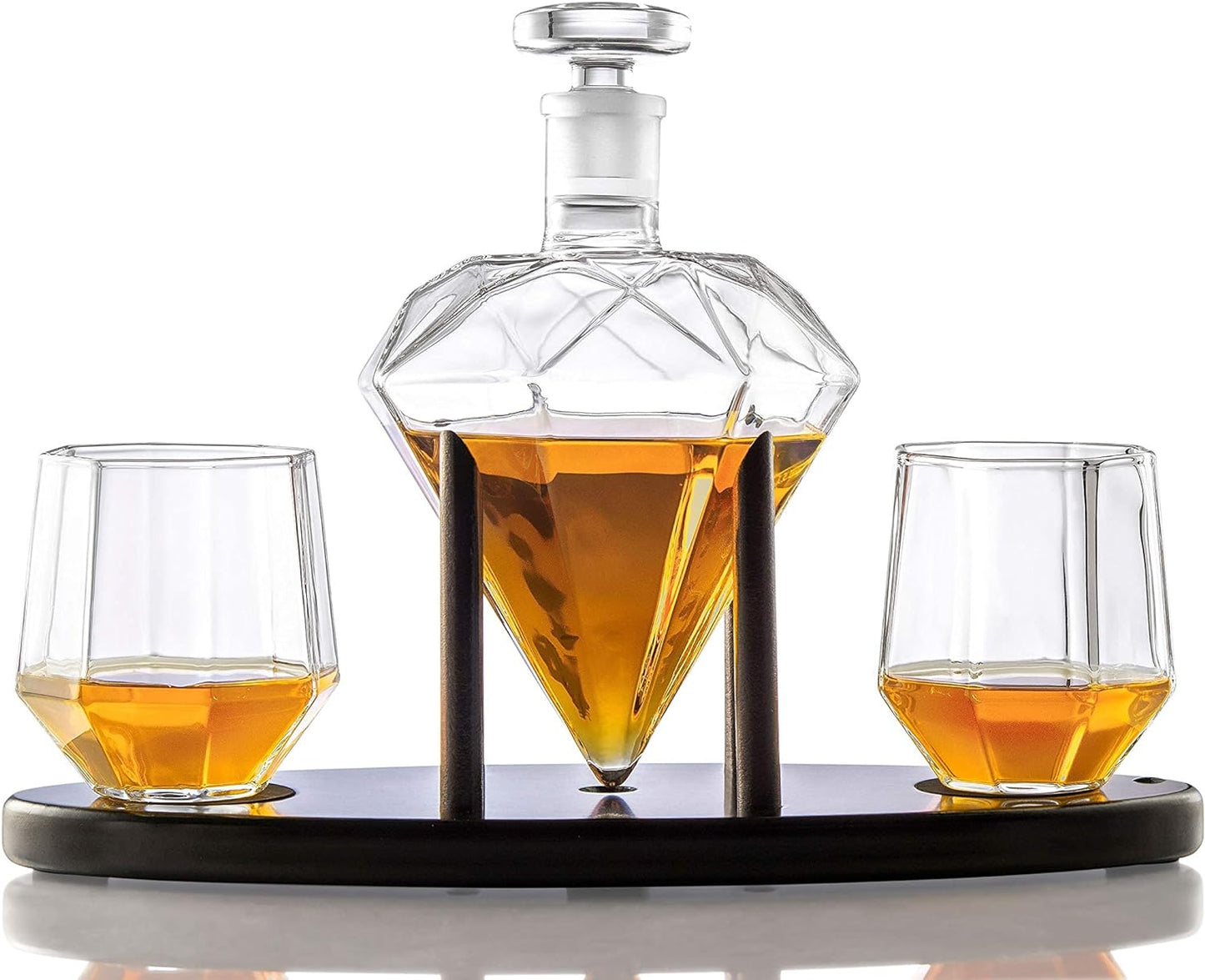 Whiskey Decanter Diamond shaped With 2 Diamond Glasses & Mahogany Wooden Holder – Elegant Handcrafted Crafted Glass Decanter For Liquor, Scotch, Rum, Bourbon, Vodka, Tequila – Great Gift Idea – 750ml