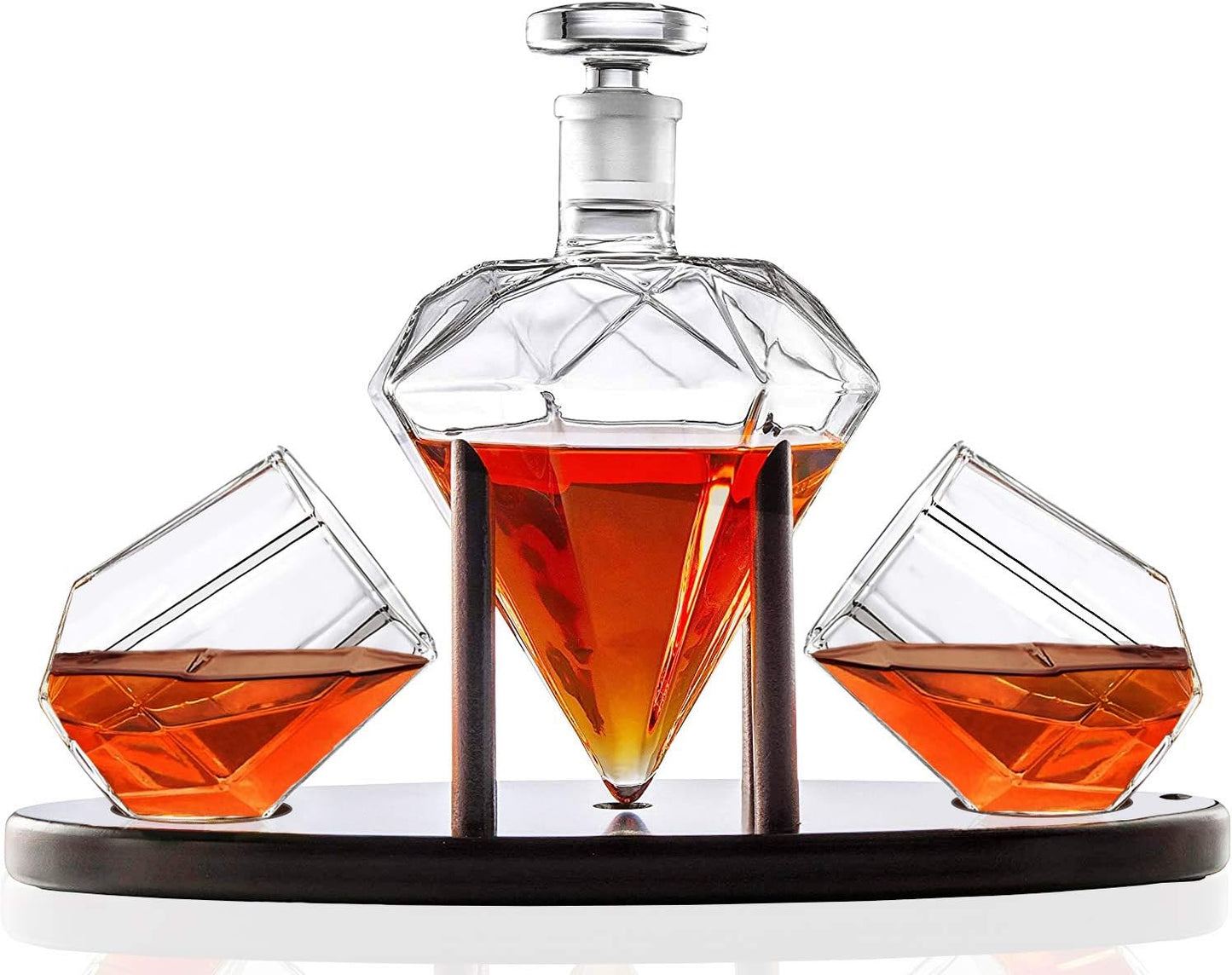 Whiskey Decanter Diamond shaped With 2 Diamond Glasses & Mahogany Wooden Holder – Elegant Handcrafted Crafted Glass Decanter For Liquor, Scotch, Rum, Bourbon, Vodka, Tequila – Great Gift Idea – 750ml