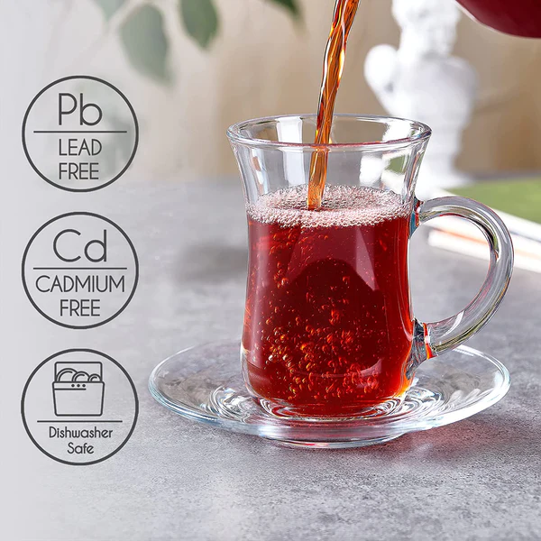 New Crystal Clear Classic Glass Tea & Coffee Cup and Saucer Set, for Latte Cappuccino Espresso Mocha and More, (6 Cups and 6 Saucers)