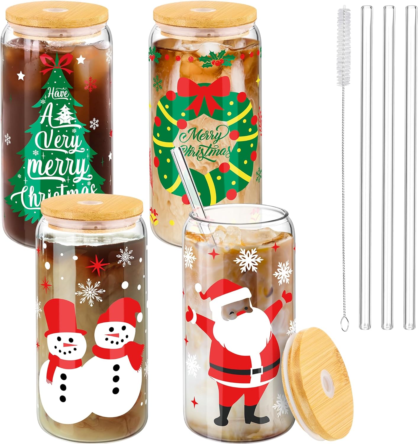 Christmas Mason Jar Cups 16oz Christmas Cups Xmas Glass Tumbler with Glass Straw and Bamboo Lid Christmas Cookie Jars Coffee Cups Beer Glasses Christmas Decoration Gift for Women Men