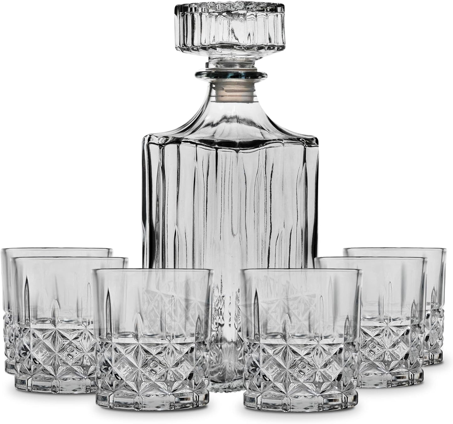 Avenue Campbel Whiskey Decanter and Glass Set | 7-Piece Set for Liquor, Scotch and wine | Beverage Dispenser | 6 Matching Glass Tumblers | Elegant Liquor Carafe with Stopper