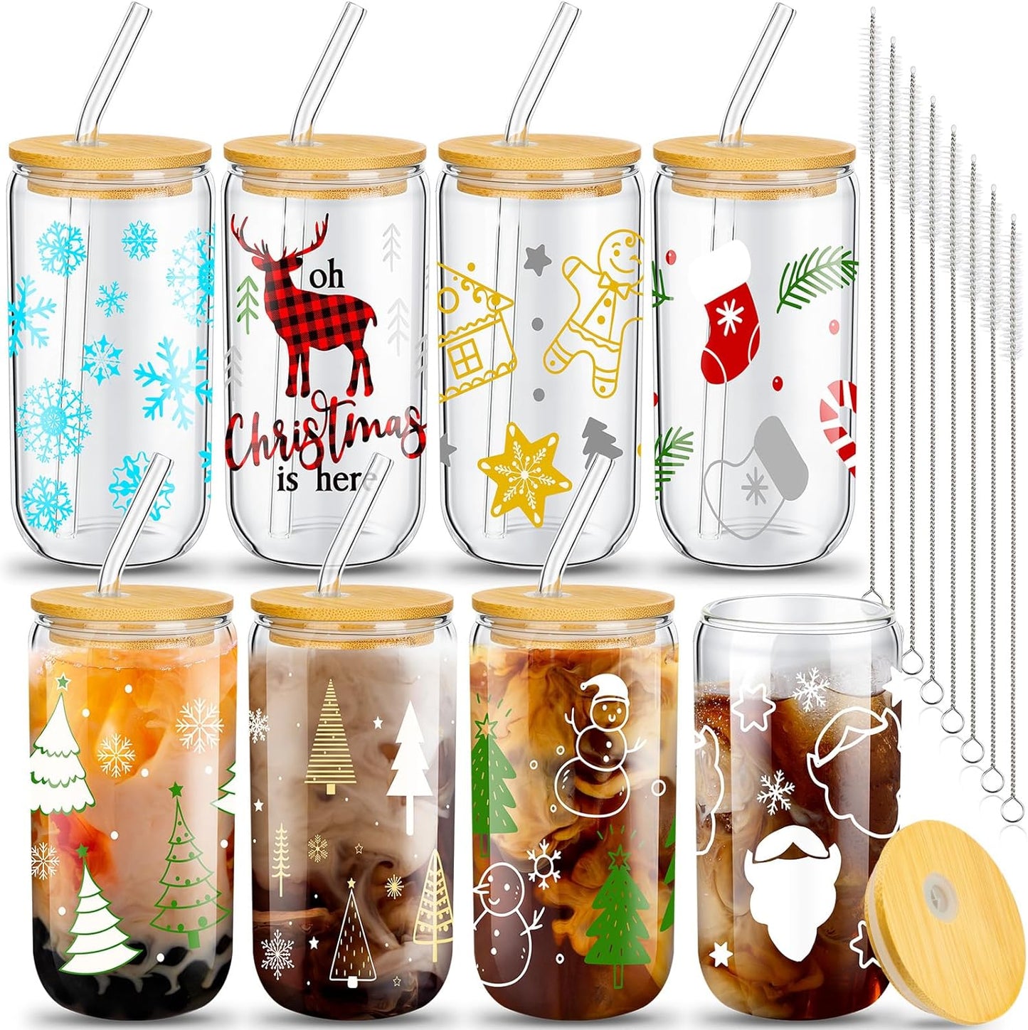 Christmas Glass Cups, 16 oz Christmas Mason Jars with Lids and Straws Christmas Tumbler Drinking Glasses Beer Can Shaped Coffee Cups Xmas Pattern for Wine Tea Water (Cute Style)