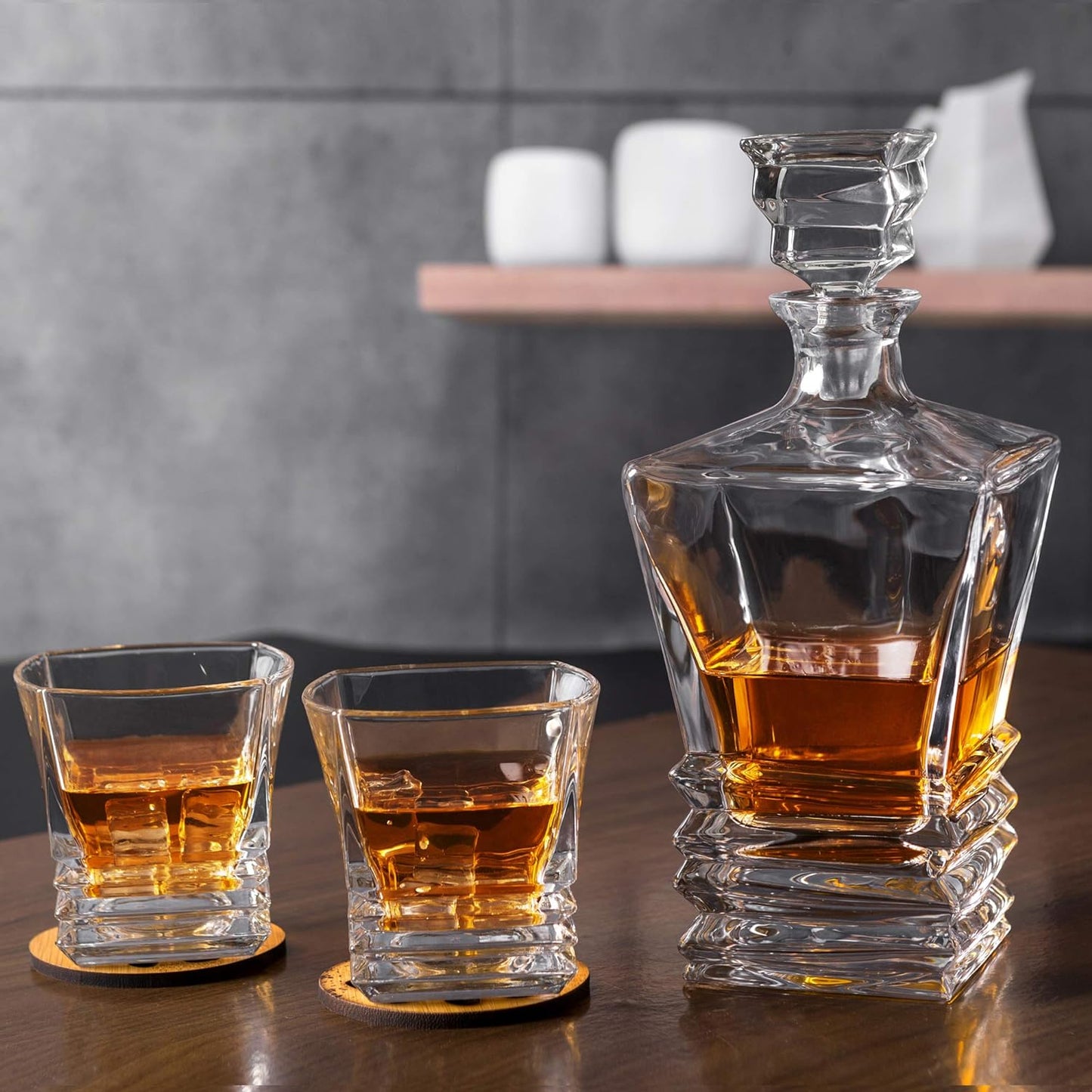 Whiskey Decanter Set - Crafted Crystal Decanter With 4 Lowball Glasses for Scotch, Bourbon or Liquor - Men Dad Gift for Anniversary, Birthday, Retirement, Wedding, Christmas