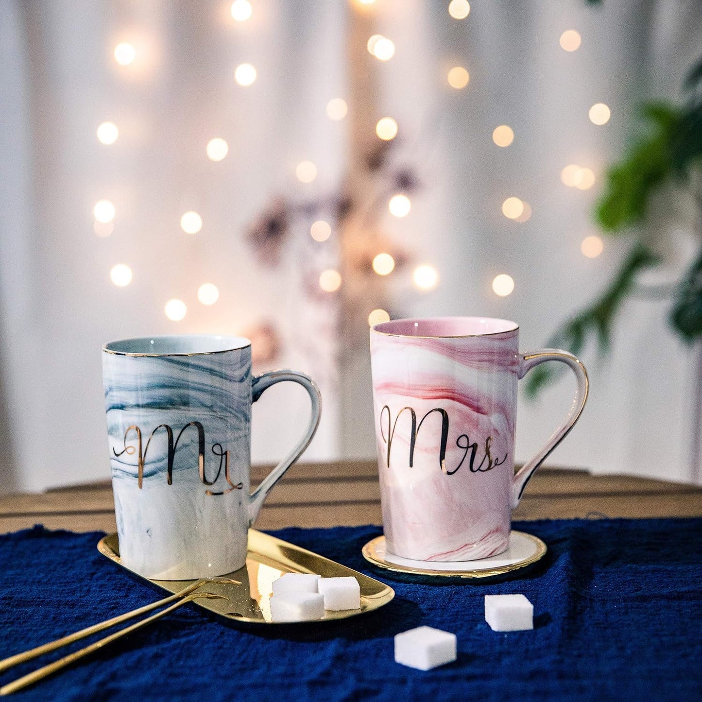 Ceramic Marble Finish Coffee Mug with Lid & Spoon for Anniversary Wedding Engagement Valentine Gifts for Couple Teachers Women Men Husband Wife with Gift Box (Long MR & MRS Mug)