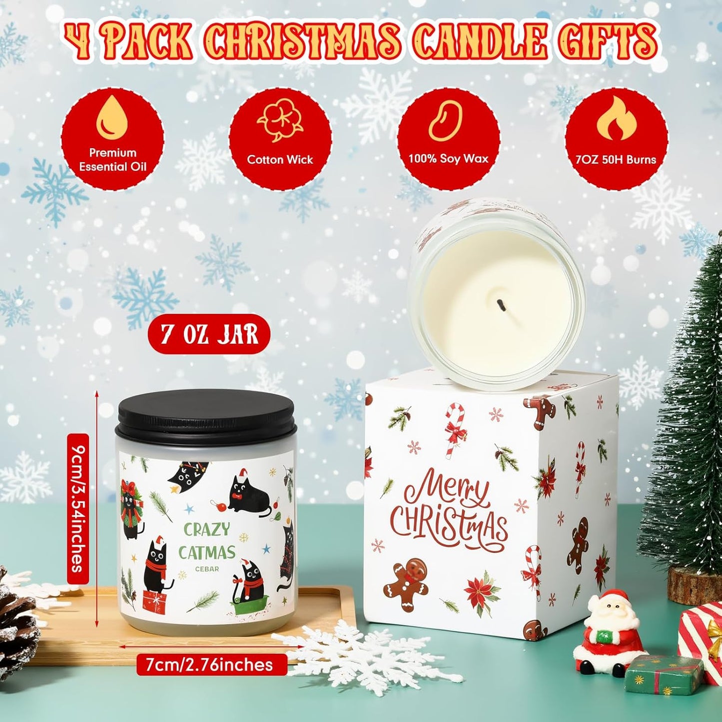Festive Soy Wax Candle Set of 4 | 7oz Christmas Fragrance Candles for Home & Gifting