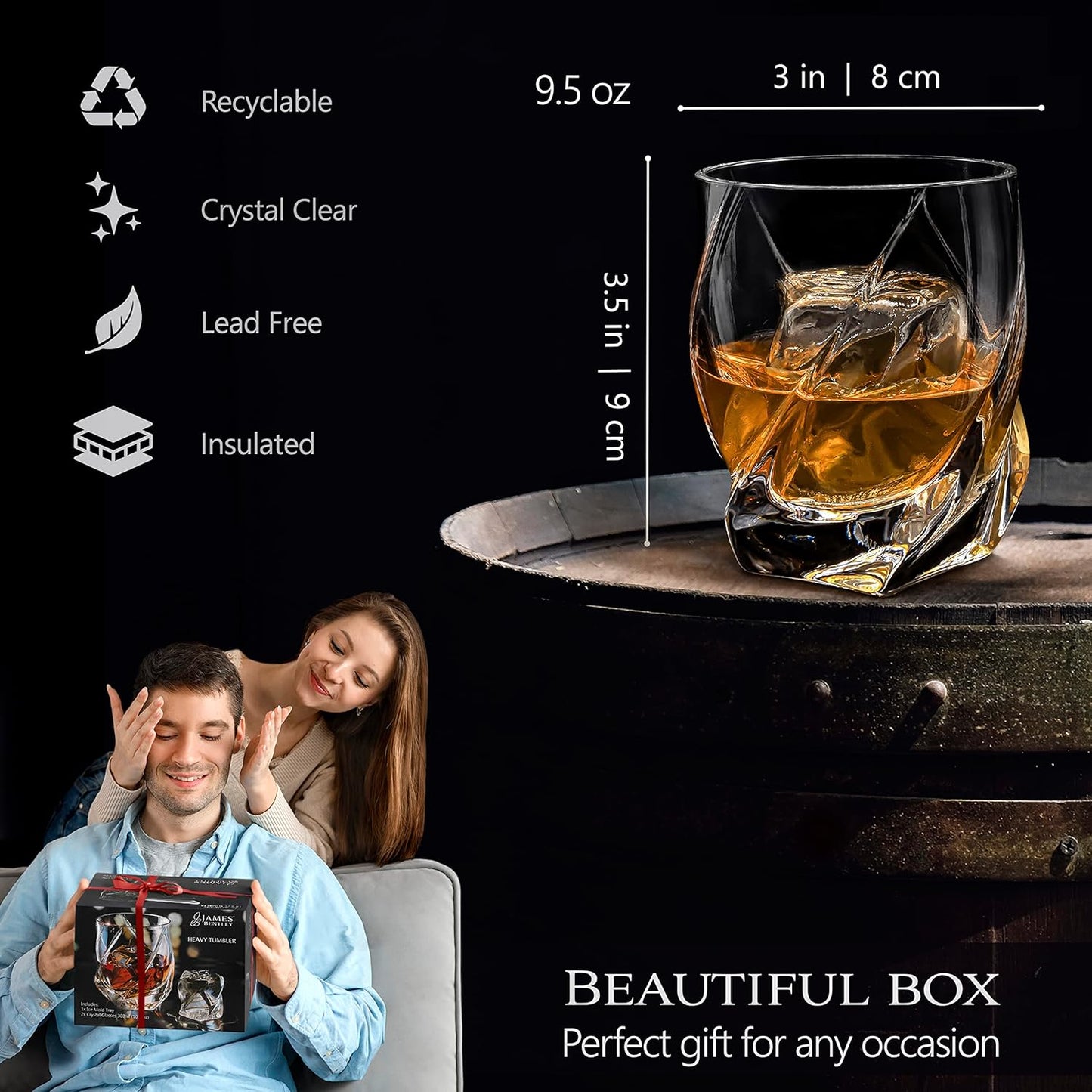 Glass Vride Heavy Tumbler – Elevate your Drinking Experience with our Whiskey Set of 2 Hand Blown, Double Wall Glass Tumbler (9.5oz) with Ice Mold Tray - Whiskey Glasses for Men