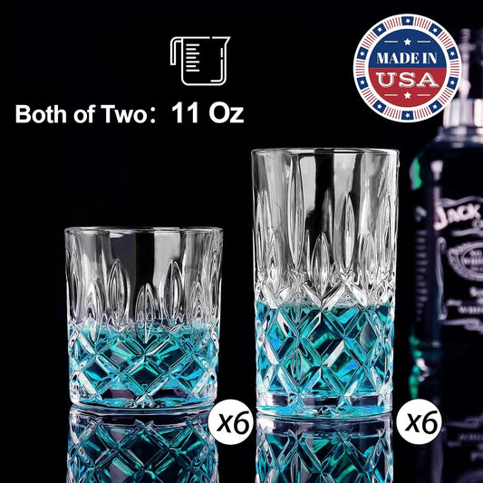 Drinking Glasses, 12 Piece Crystal Glass Cups, Mixed Glassware Set, 6 pcs Crystal Old Fashioned 11oz Highballs and 6 pcs 11oz Whiskey Glasses, Great for Cocktail, Whisky and other Beverages