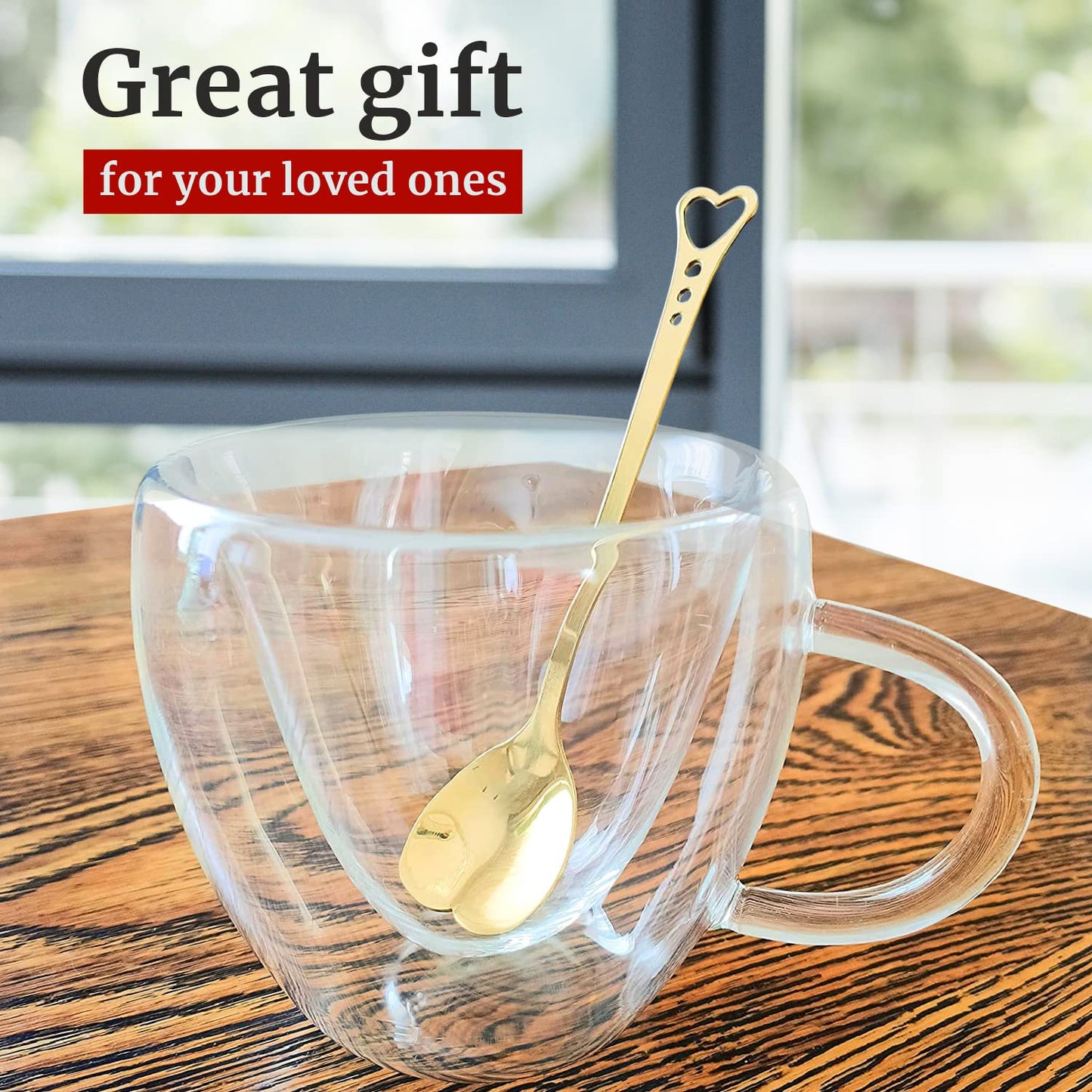 Heart Shaped Double Walled Insulated Glass Coffee Mugs or Tea Cups, Double Wall Glass 180ml - Clear, Unique & Insulated with Handle