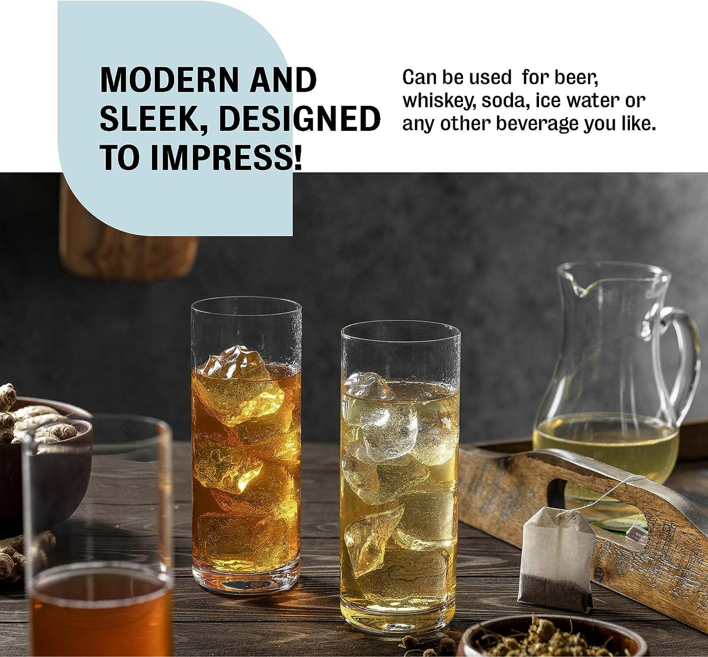 Set of 6 Premium Glassware - Aesthetic Drinking Glasses, Crystal and Cocktail Glass for Home and Kitchen, Perfect for Parties and Serving Water, Juice, and Soft Drinks | Includes 295ml Tall Glasses for Water and Juice, Mojito, Gin, and Highball Glasses