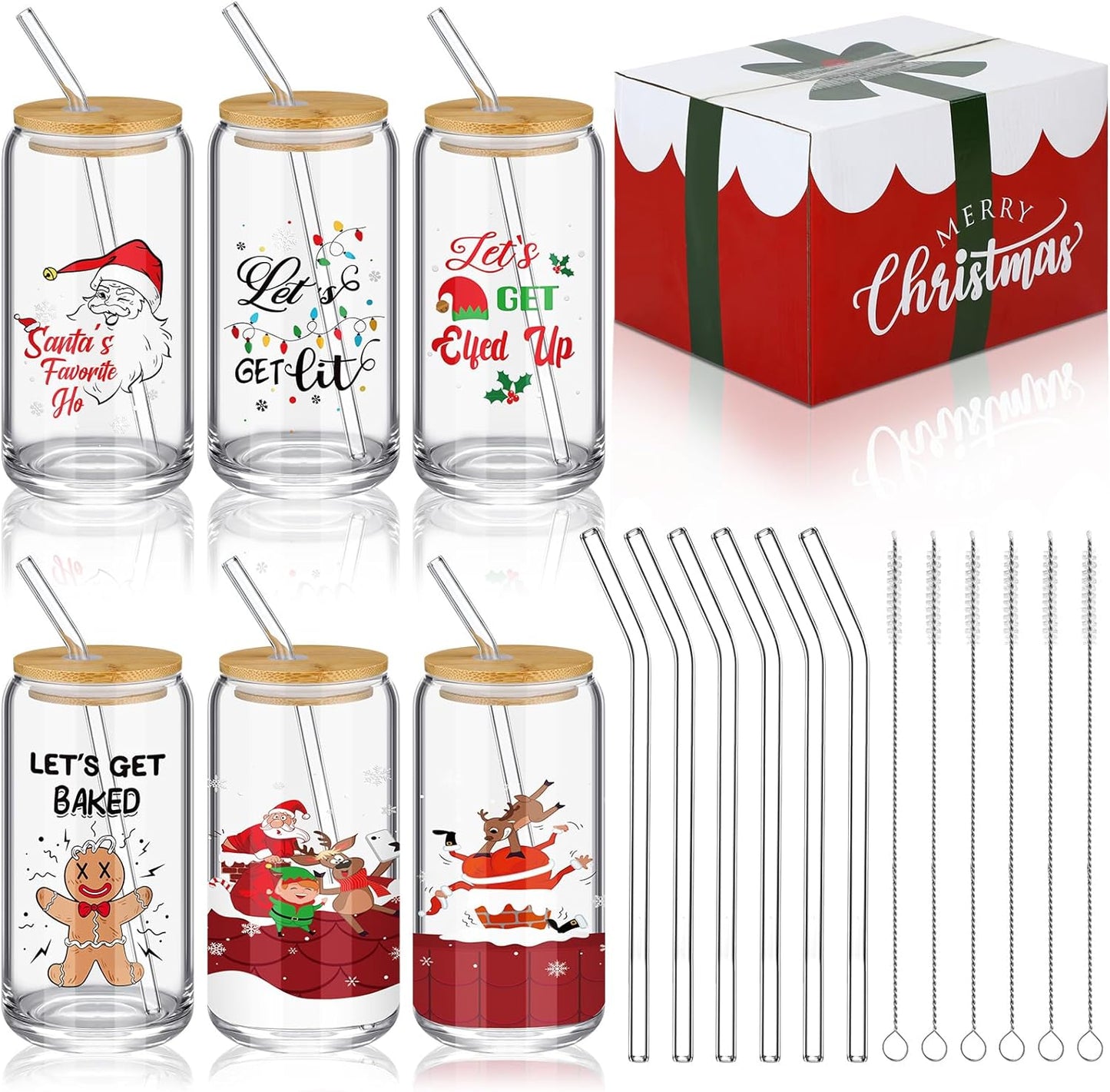 Christmas Cups Drinking Glasses with Bamboo Lids and Glass Straws Xmas Gifts 16 oz Can Shaped Glass Ice Coffee Cups Mason Jars for Beverages Cocktail (Funny)