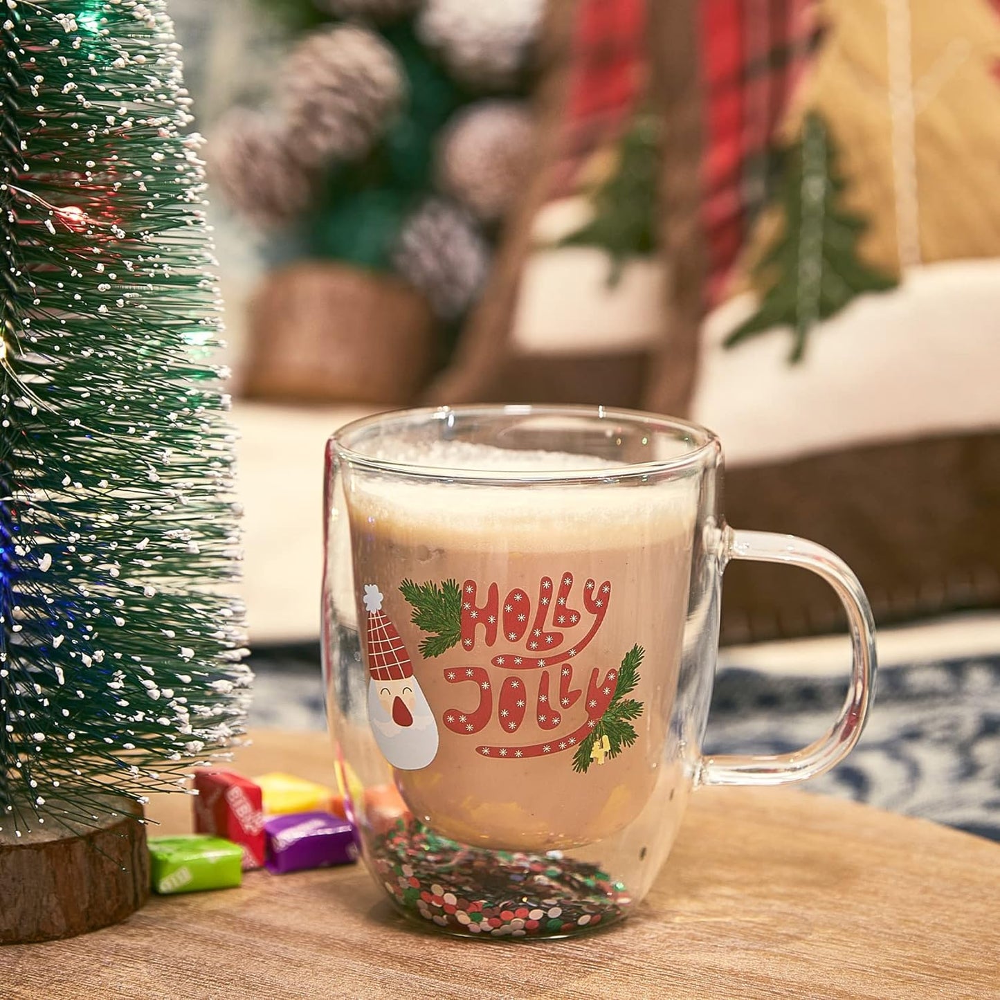 Christmas Glass Coffee Mug Set of 2 Mugs - Holly Jolly Tree Double Wall Insulated Cups Holidays 10oz Glassware Handle Gifts, Confetti Snowflake Glassware Tea, Milk, Beverage, Juice, Water Holiday Gift