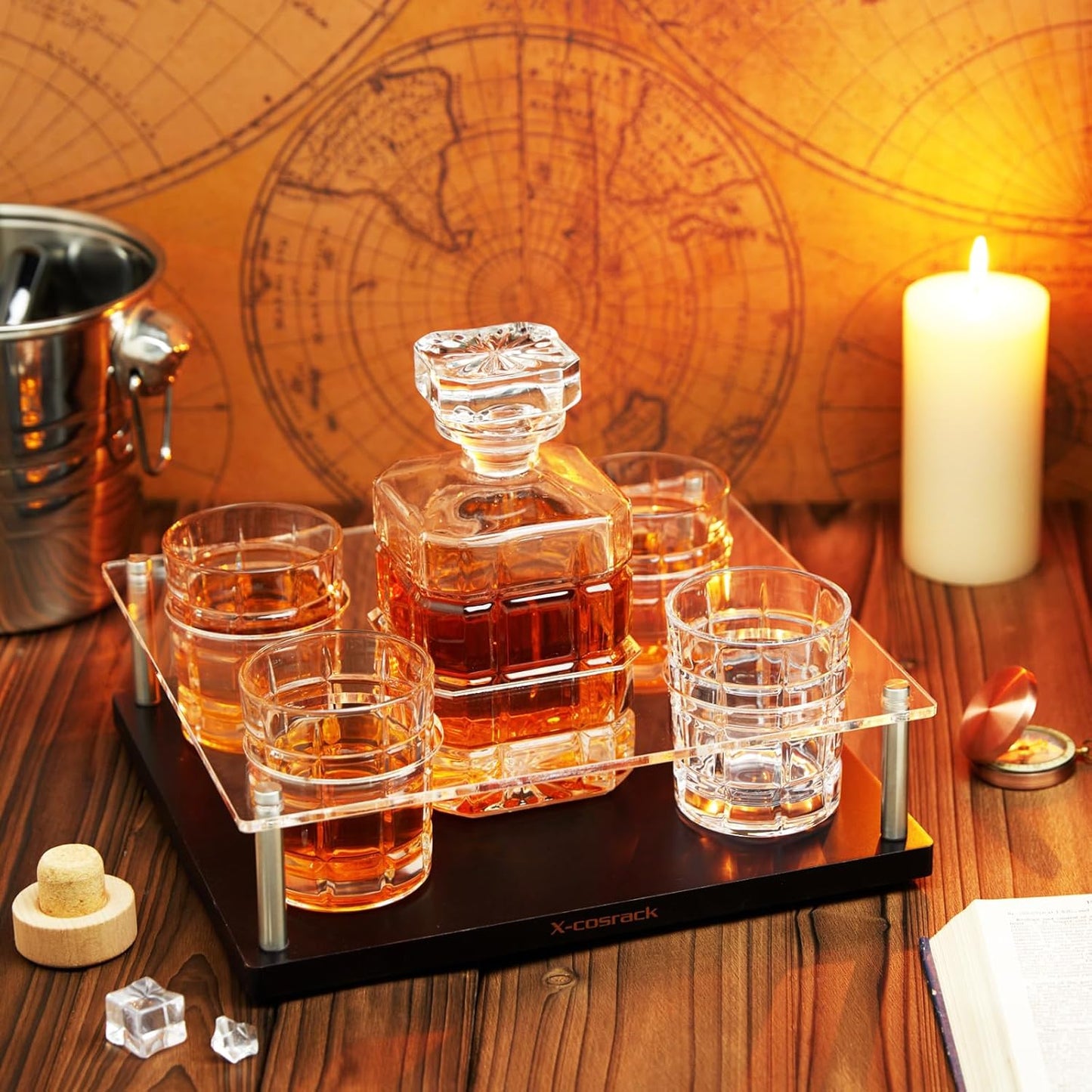 Whiskey Decanter Set With Glasses, Whiskey Glasses Set of 4 with Wooden Base,Crystal Wine Decanter for Men 750ML