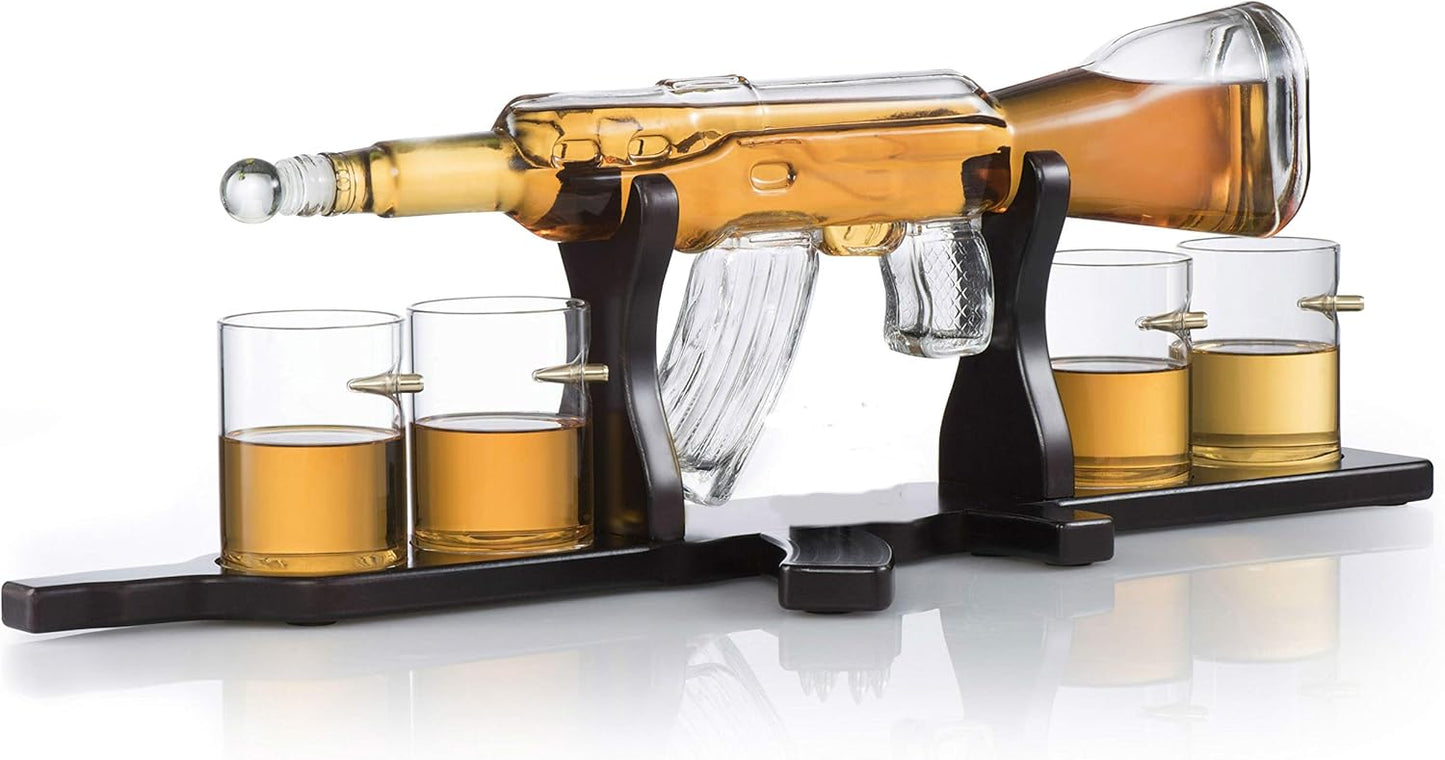Buy chalbhai whiskey decanter set 1000ML with 4 glasses, wooden base and chilling stones. Premium barware gift set for whiskey lovers.
