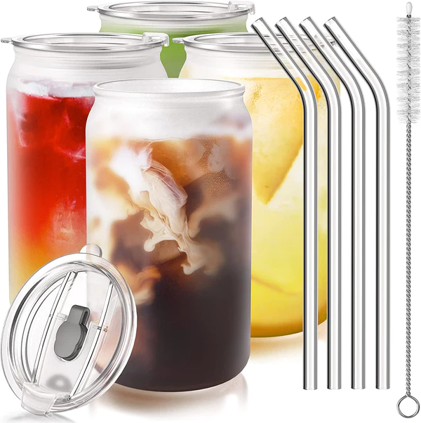 Can glasses with bamboo lids and glass straws