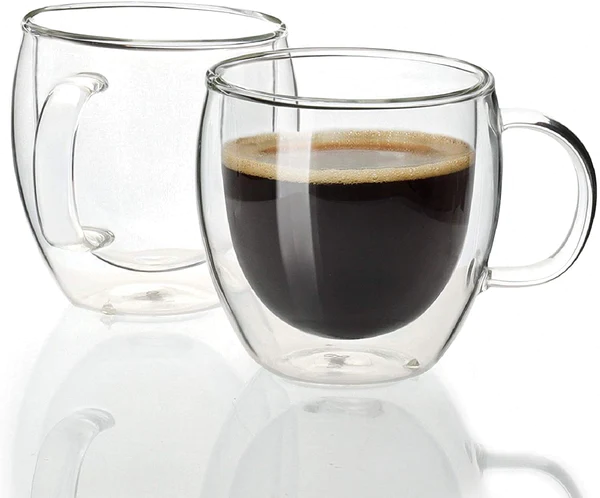 Heat Resistant Double Wall Glass Coffee Mugs , 350 ml , Transparent