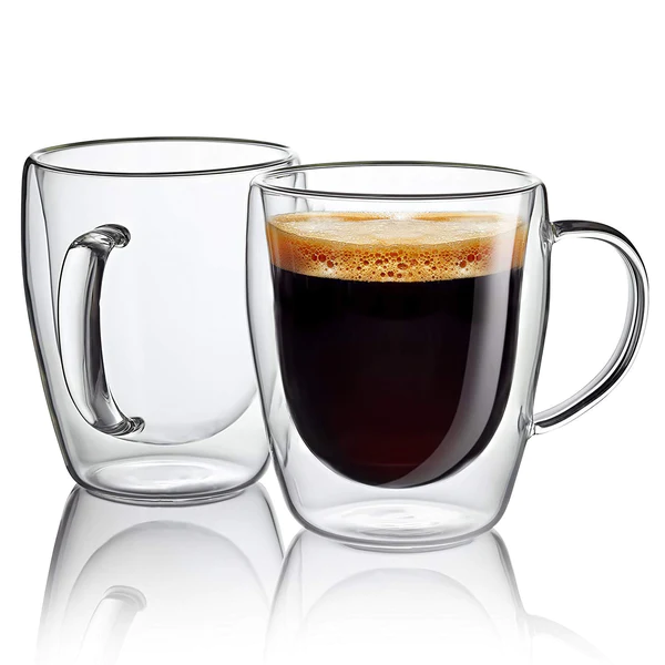 Heat Resistant Double Wall Glass Coffee Mugs , 350 ml , Transparent